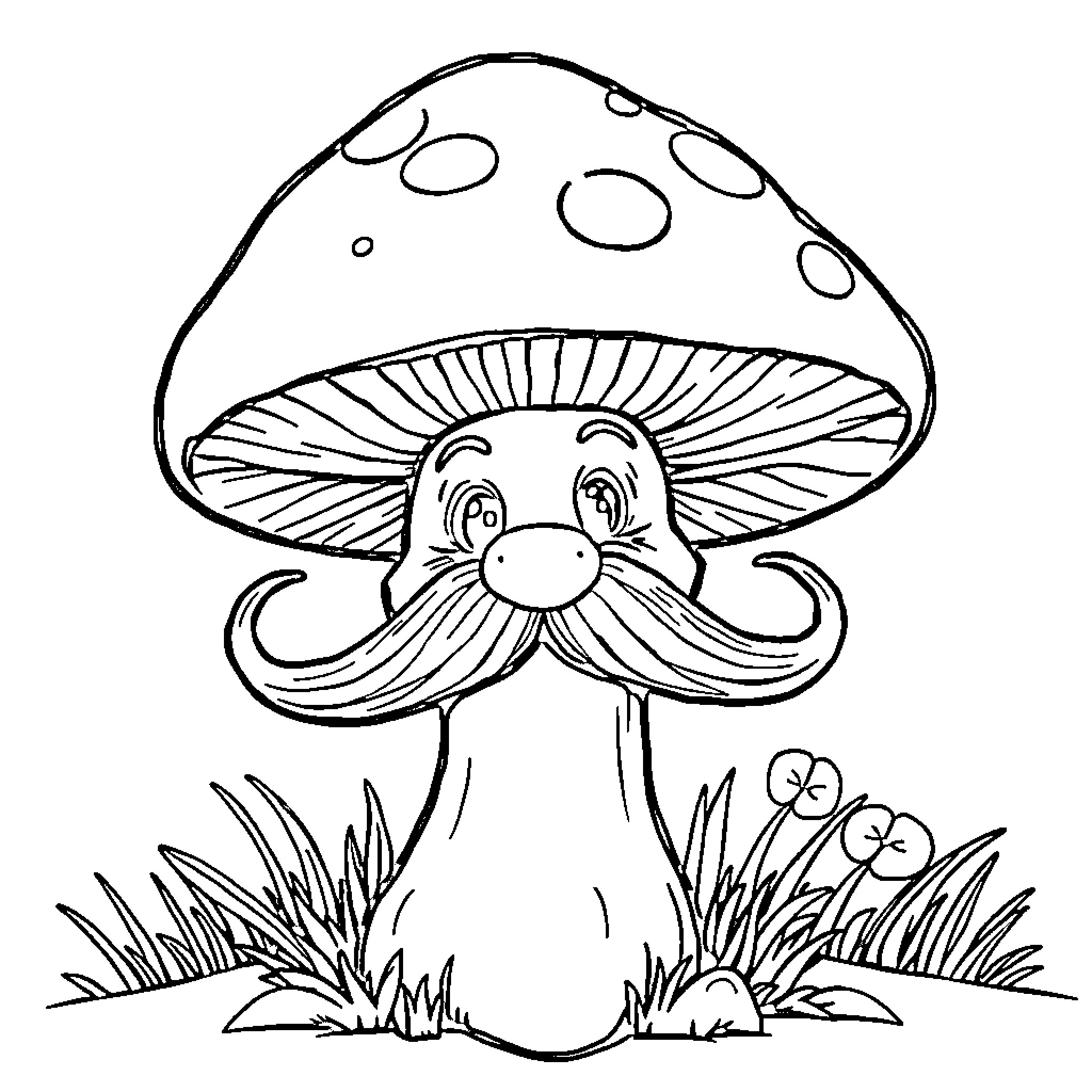 Mushroom with happy facial expression in nature Coloring Page (free black-and-white line drawing printable PDF for all, from beginners to advanced learners, including children, teens, adults, and seniors)