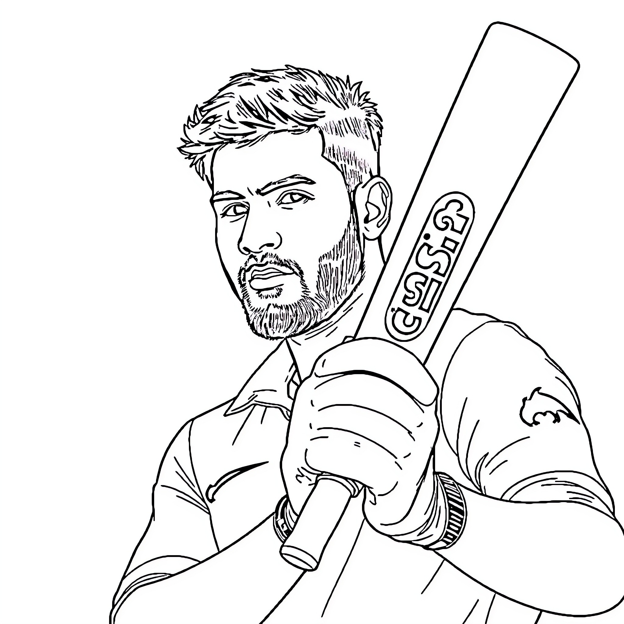 Rohit Sharma batting with focus and determination Coloring Page (free black-and-white line drawing printable PDF for all, from beginners to advanced learners, including children, teens, adults, and seniors)