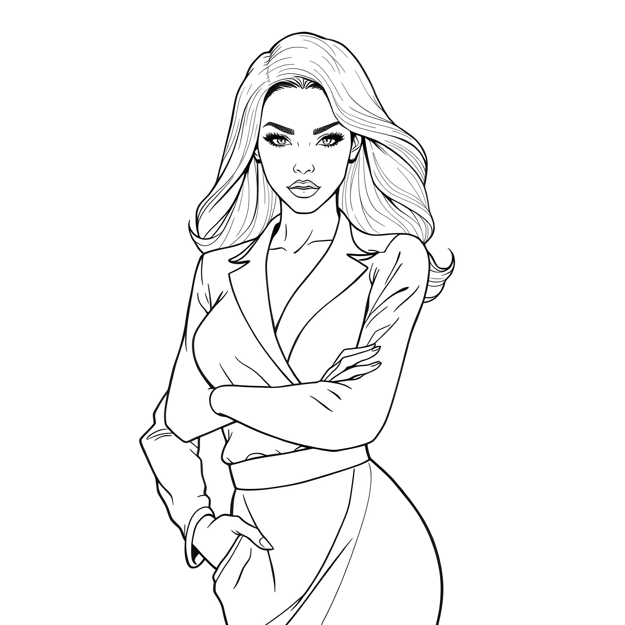 Woman in a Formal Outfit with Crossed Arms Coloring Page (free black-and-white line drawing printable PDF for all, from beginners to advanced learners, including children, teens, adults, and seniors)