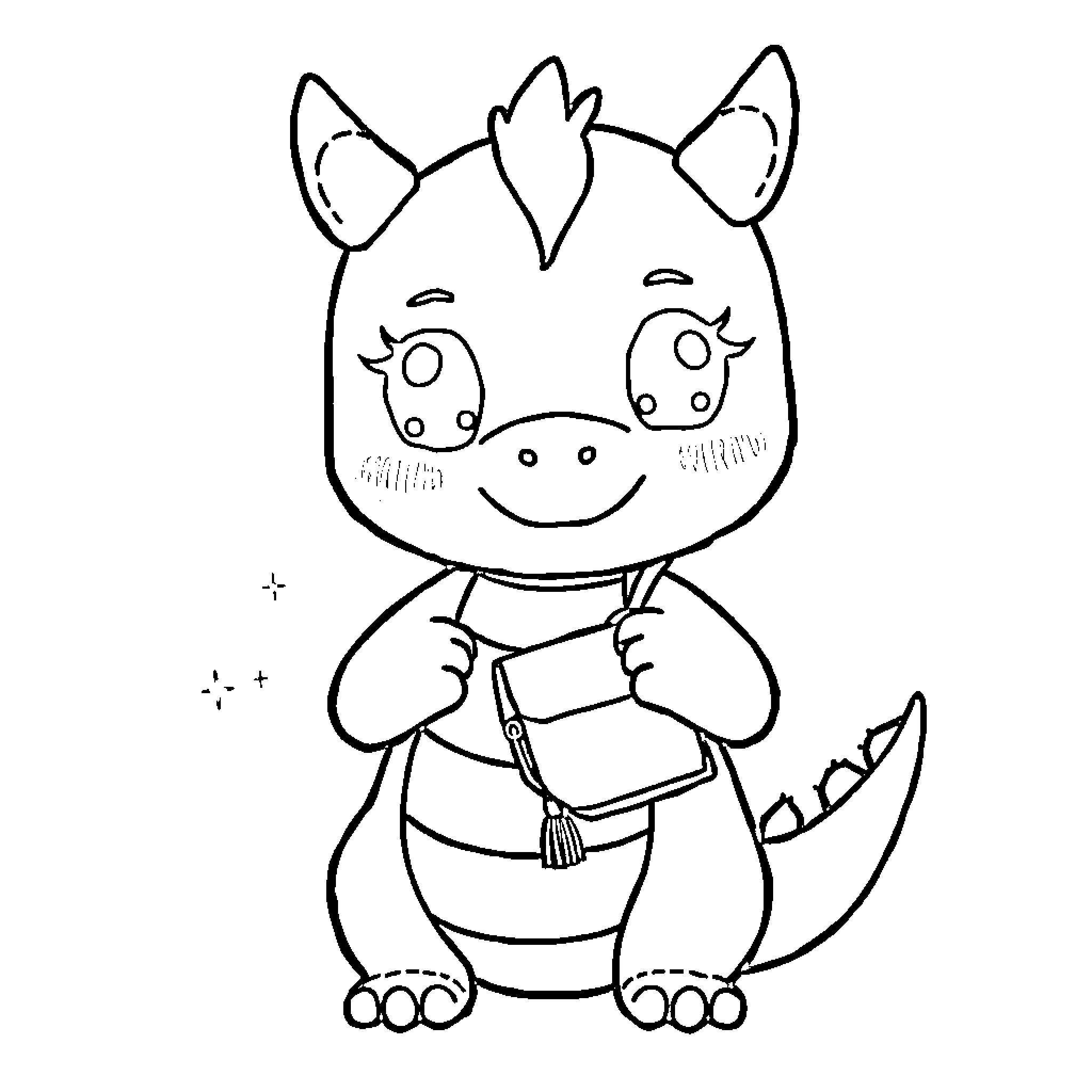 Dragon Wearing a Backpack and Studying Coloring Page (free black-and-white line drawing printable PDF for all, from beginners to advanced learners, including children, teens, adults, and seniors)