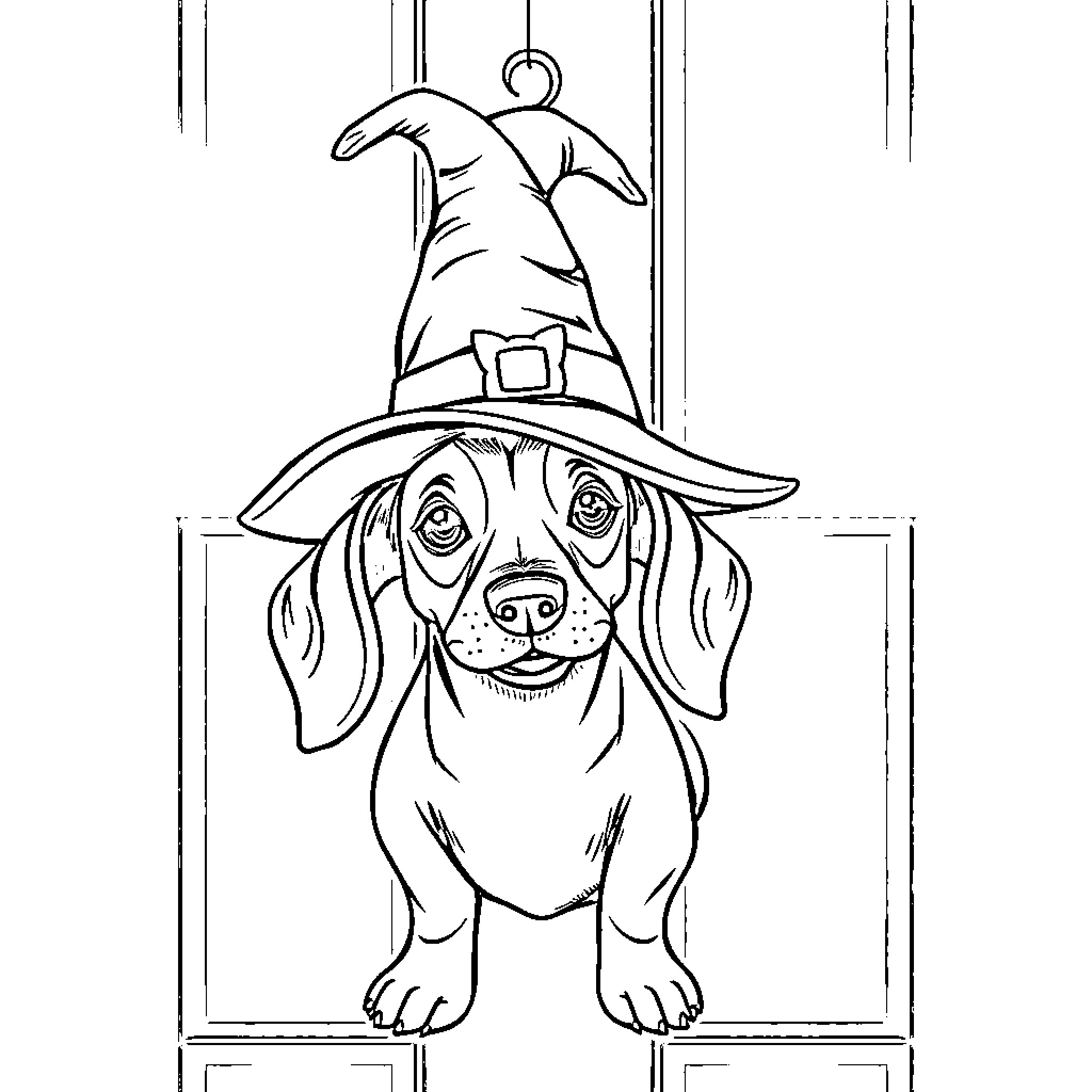 Dachshund wearing a witch's hat Coloring Page (free black-and-white line drawing printable PDF for all, from beginners to advanced learners, including children, teens, adults, and seniors)