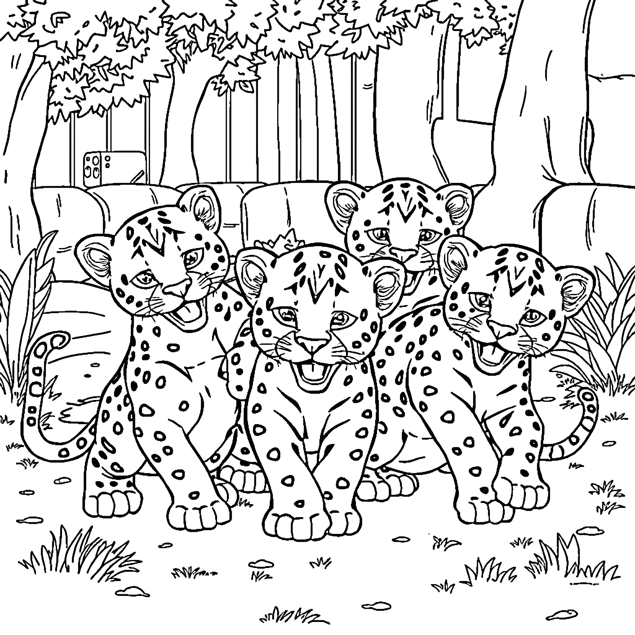 Panther Patrol: A Spotted Gathering in the Wild Coloring Page (free black-and-white line drawing printable PDF for all, from beginners to advanced learners, including children, teens, adults, and seniors)