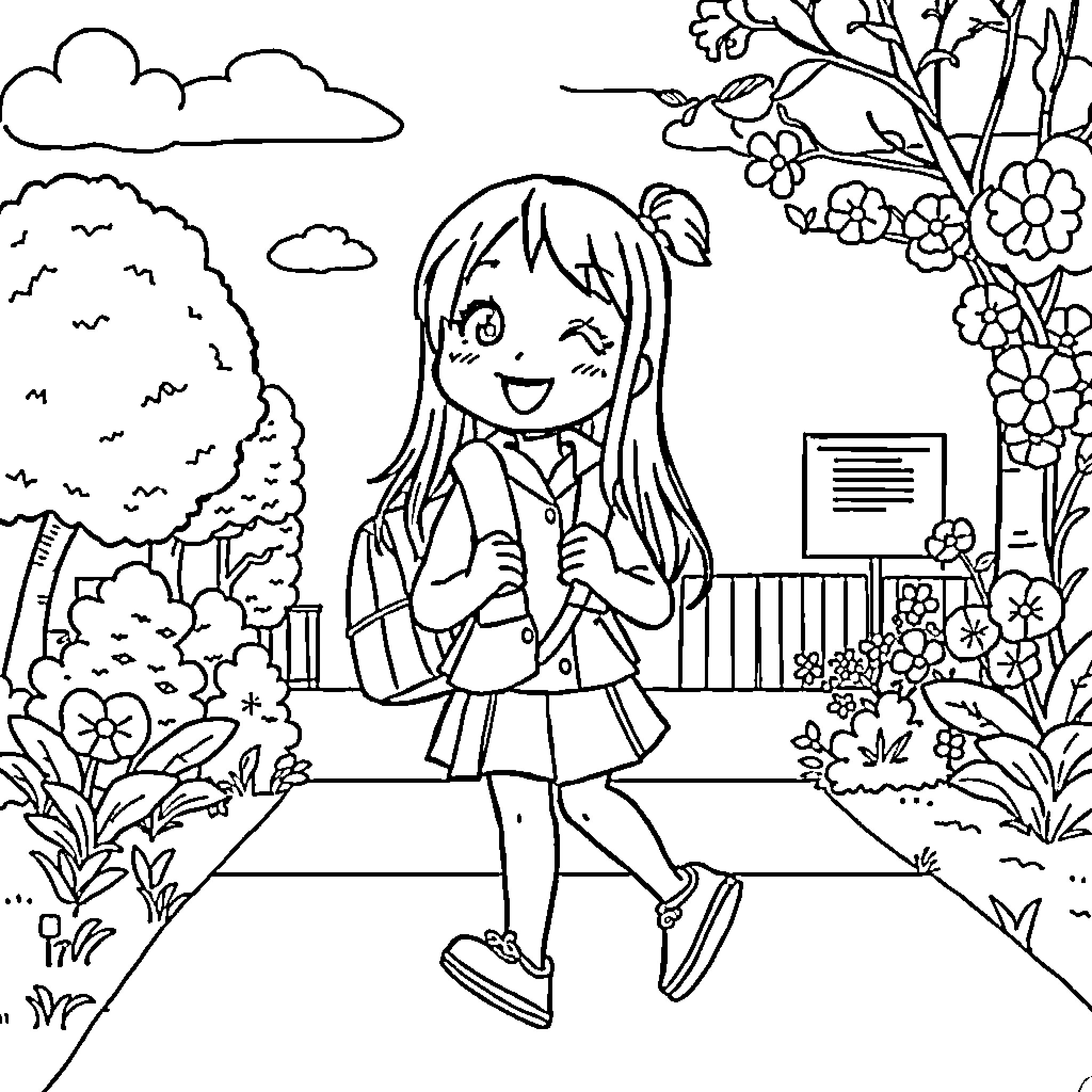 Kuromi enjoying a cheerful walk in the park Coloring Page (free black-and-white line drawing printable PDF for all, from beginners to advanced learners, including children, teens, adults, and seniors)