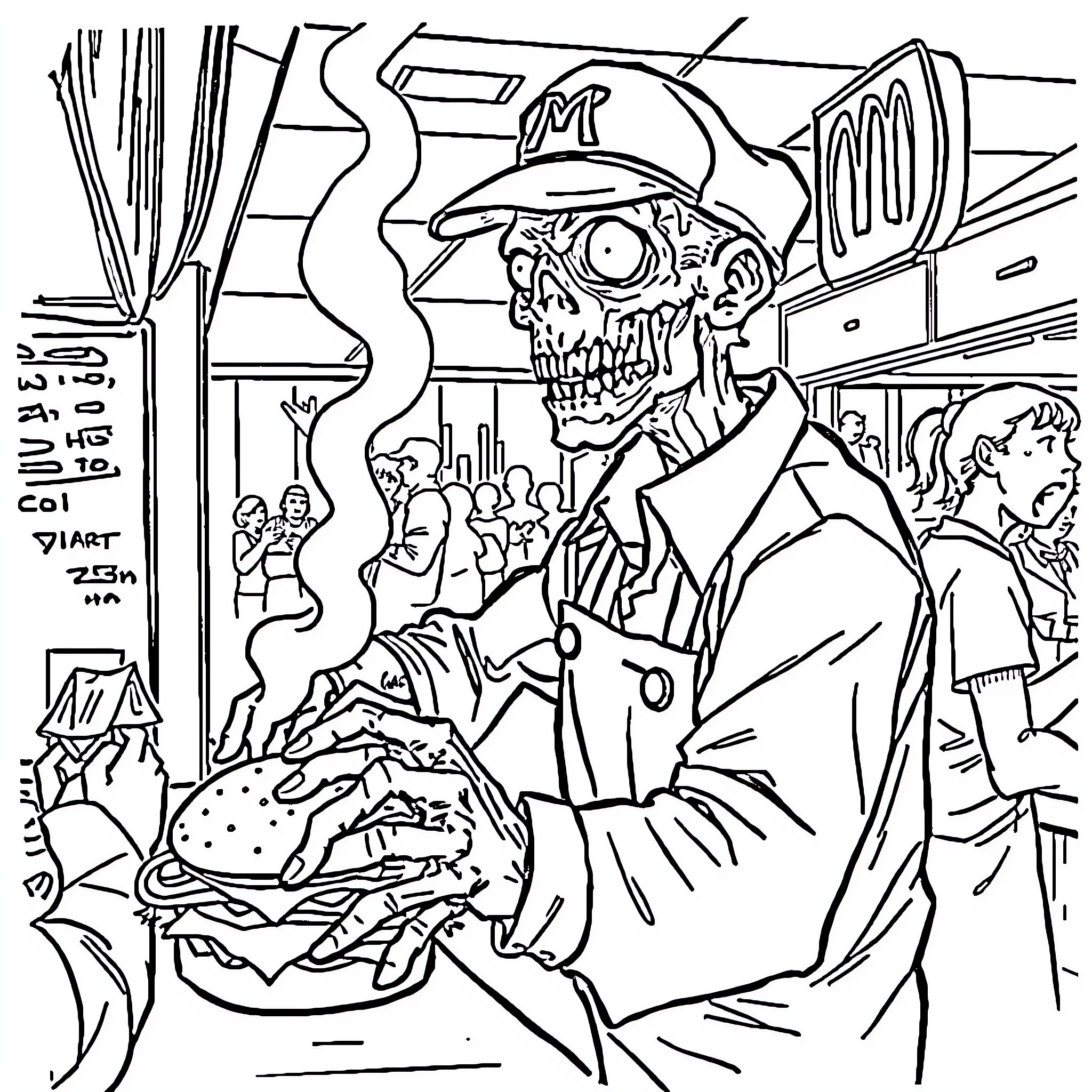 Zombie vendor serving mysterious burgers in a chaotic scene Coloring Page (free black-and-white line drawing printable PDF for all, from beginners to advanced learners, including children, teens, adults, and seniors)