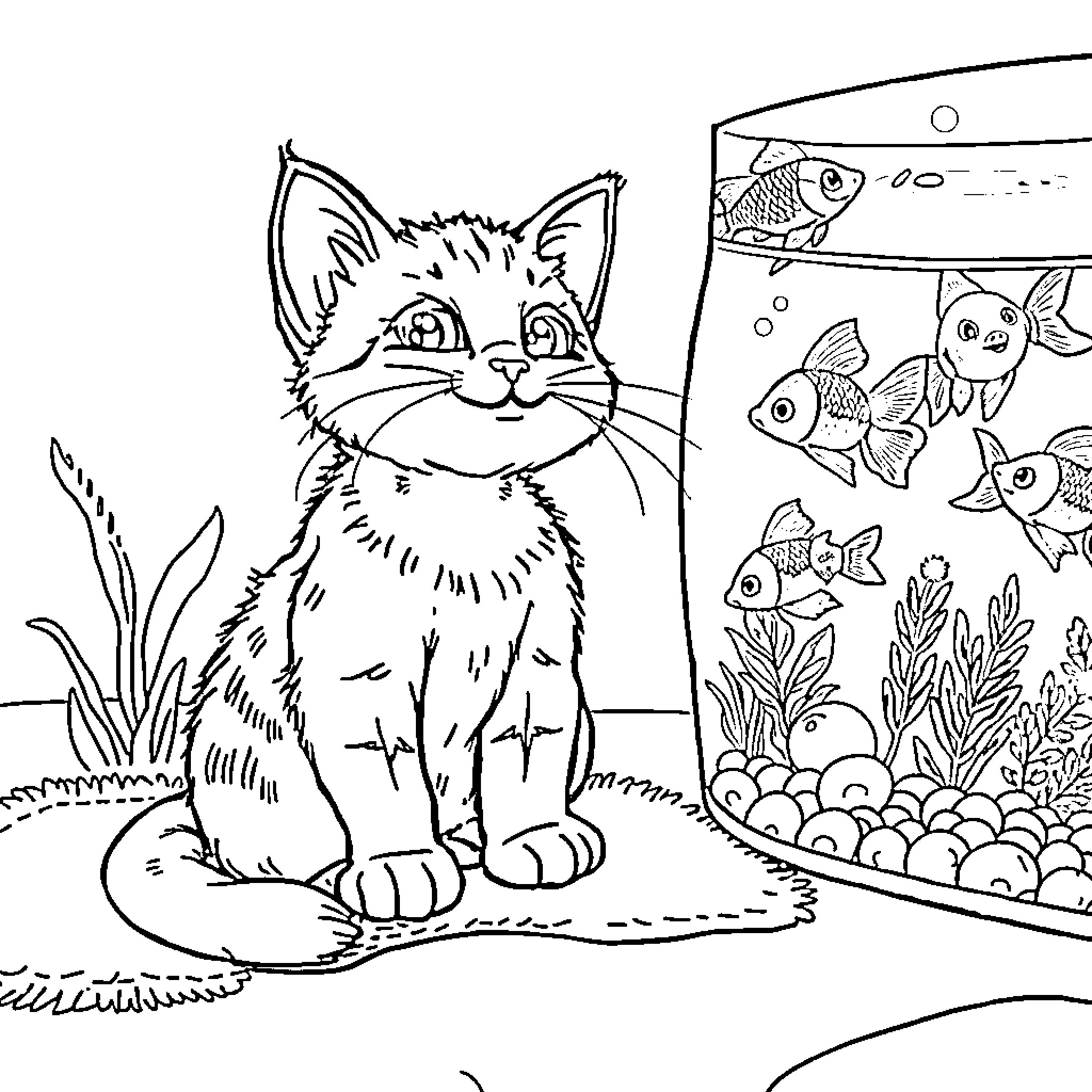 Kitten observing fish in aquarium Coloring Page (free black-and-white line drawing printable PDF for all, from beginners to advanced learners, including children, teens, adults, and seniors)