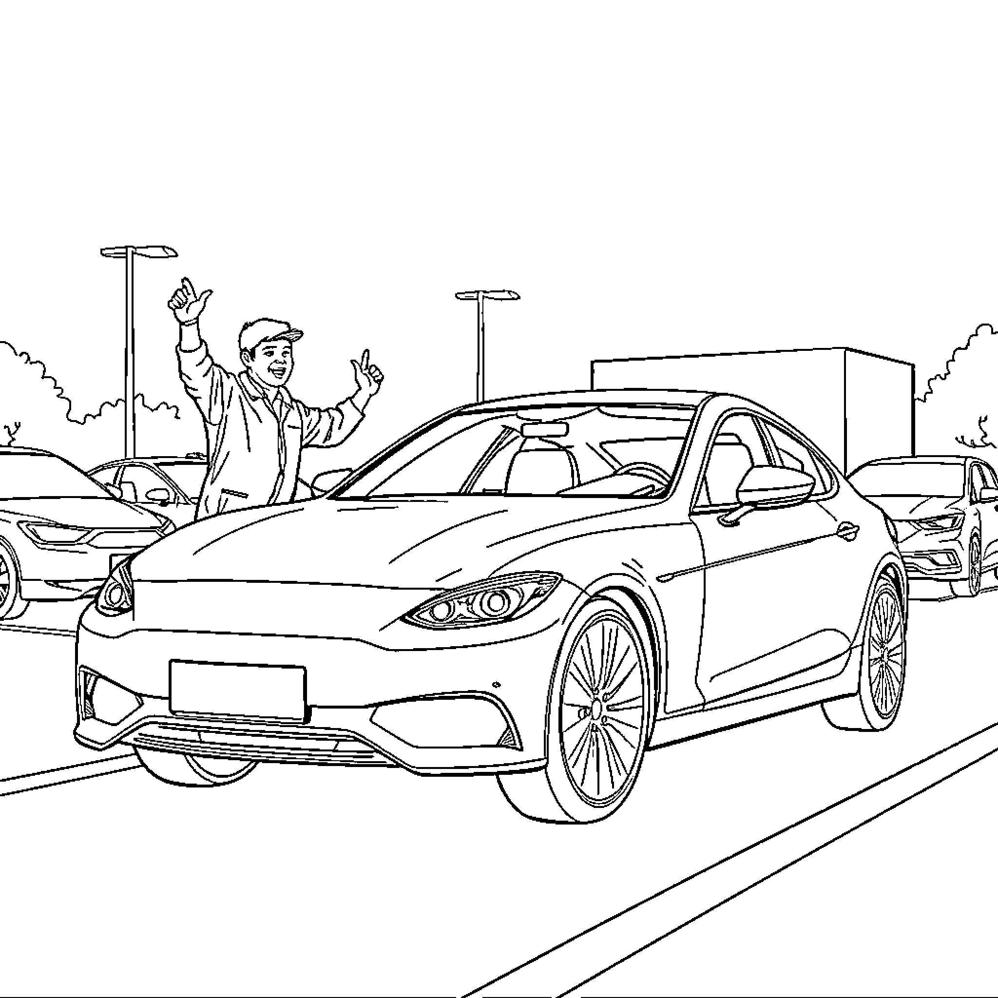 Car enthusiast gestures excitedly near luxury vehicle Coloring Page (free black-and-white line drawing printable PDF for all, from beginners to advanced learners, including children, teens, adults, and seniors)