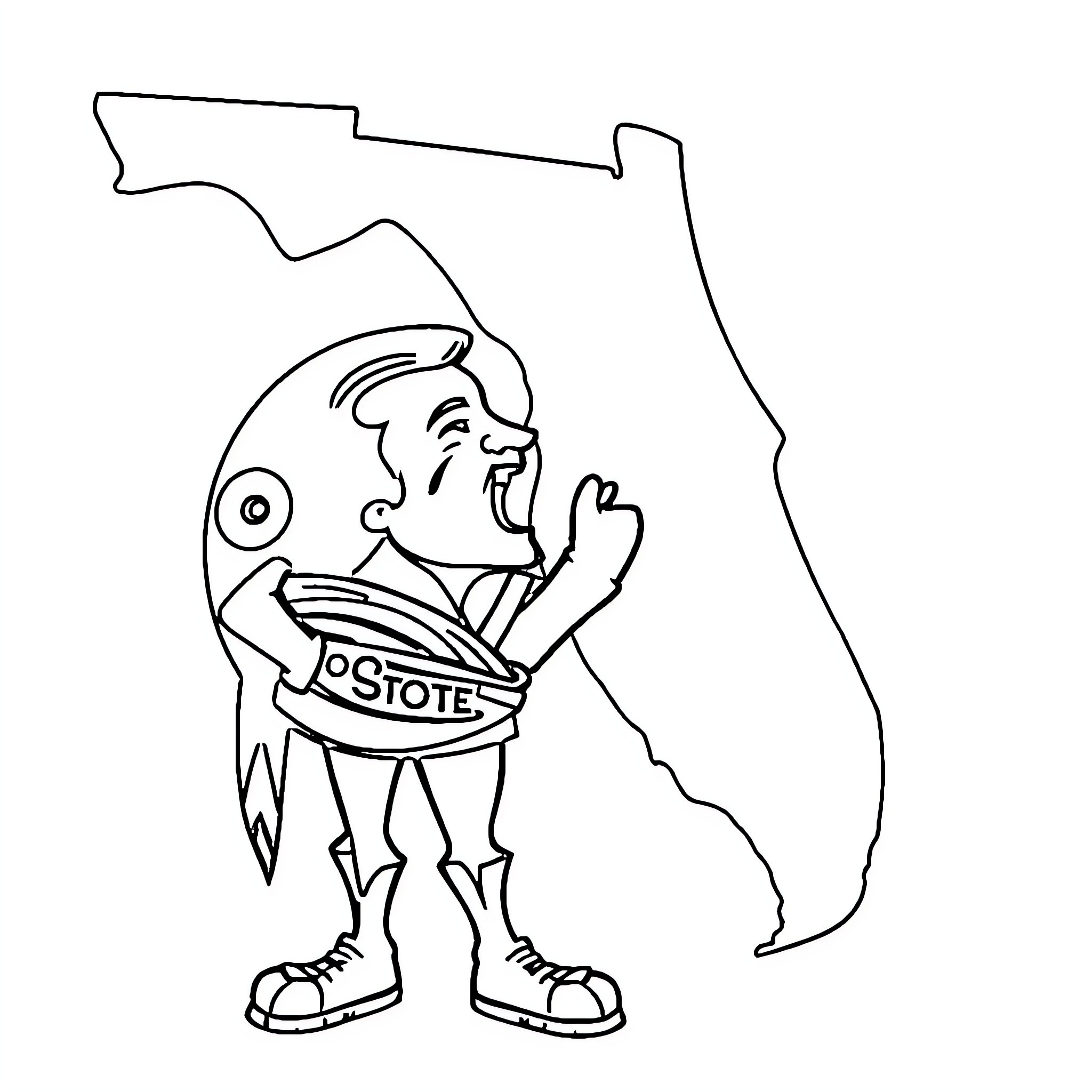 Seminole Character Holding Unique Flag Coloring Page (free black-and-white line drawing printable PDF for all, from beginners to advanced learners, including children, teens, adults, and seniors)