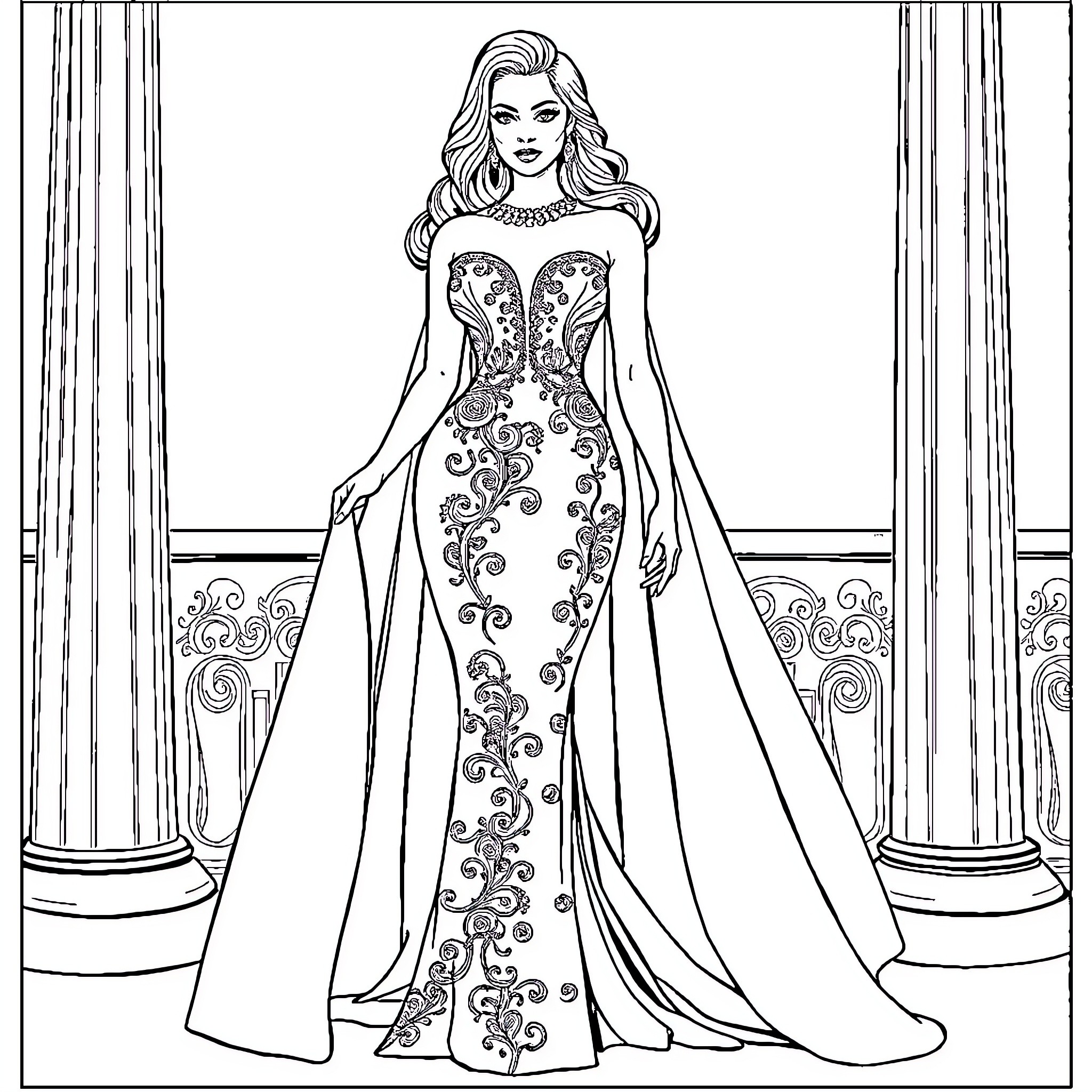Pamela Isley in a glamorous evening gown Coloring Page (free black-and-white line drawing printable PDF for all, from beginners to advanced learners, including children, teens, adults, and seniors)