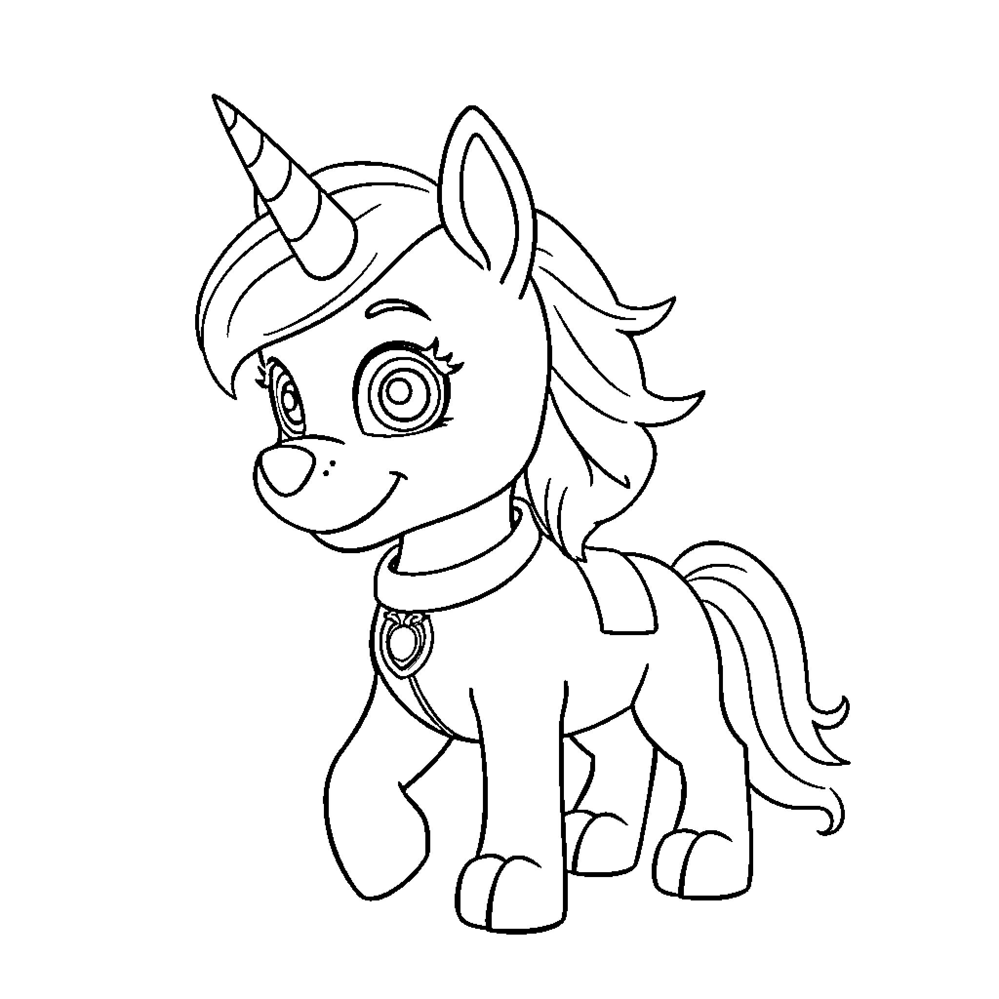 Unicorn puppy with adorable expression Coloring Page (free black-and-white line drawing printable PDF for all, from beginners to advanced learners, including children, teens, adults, and seniors)