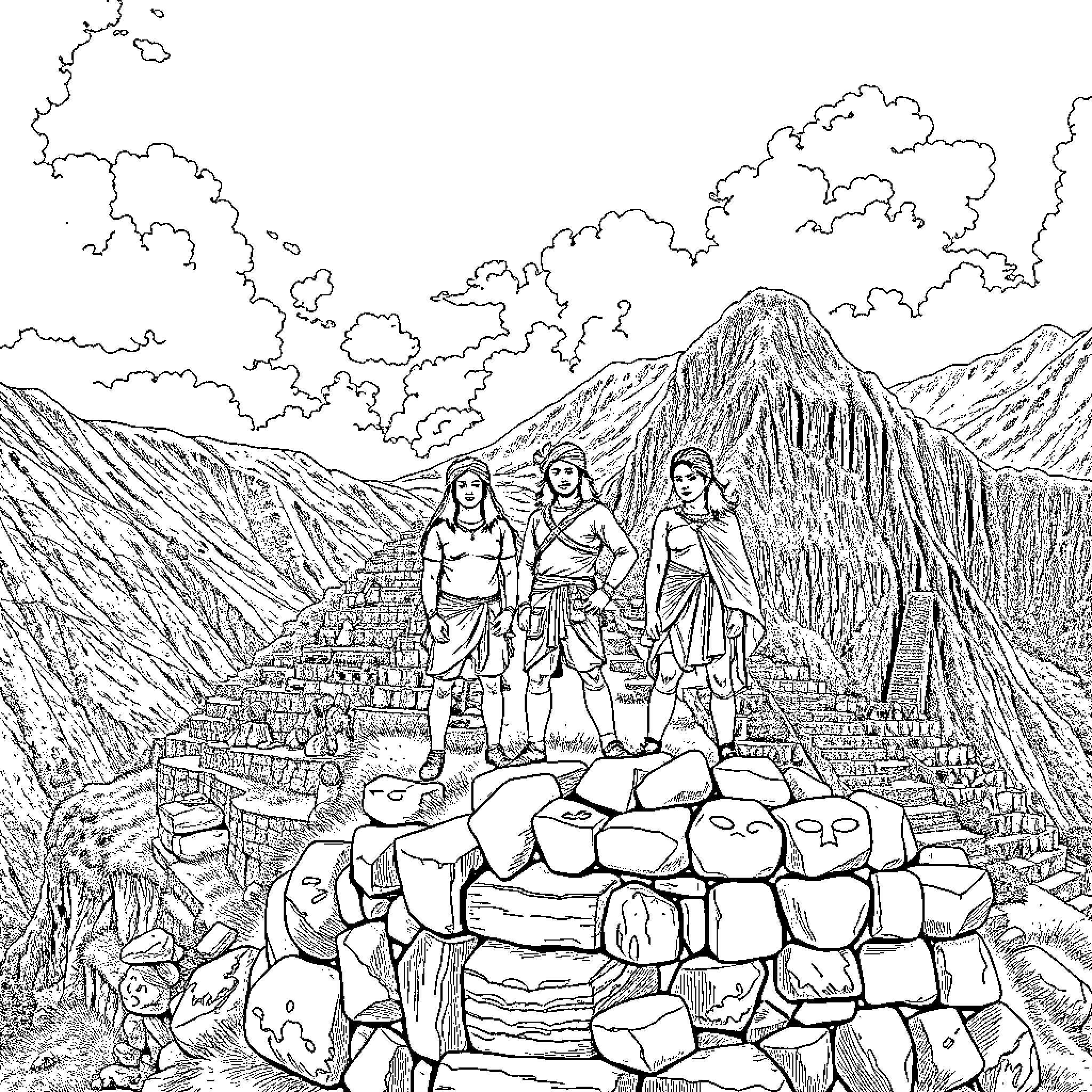 Saiyajin warriors stand atop the ancient ruins Coloring Page (free black-and-white line drawing printable PDF for all, from beginners to advanced learners, including children, teens, adults, and seniors)
