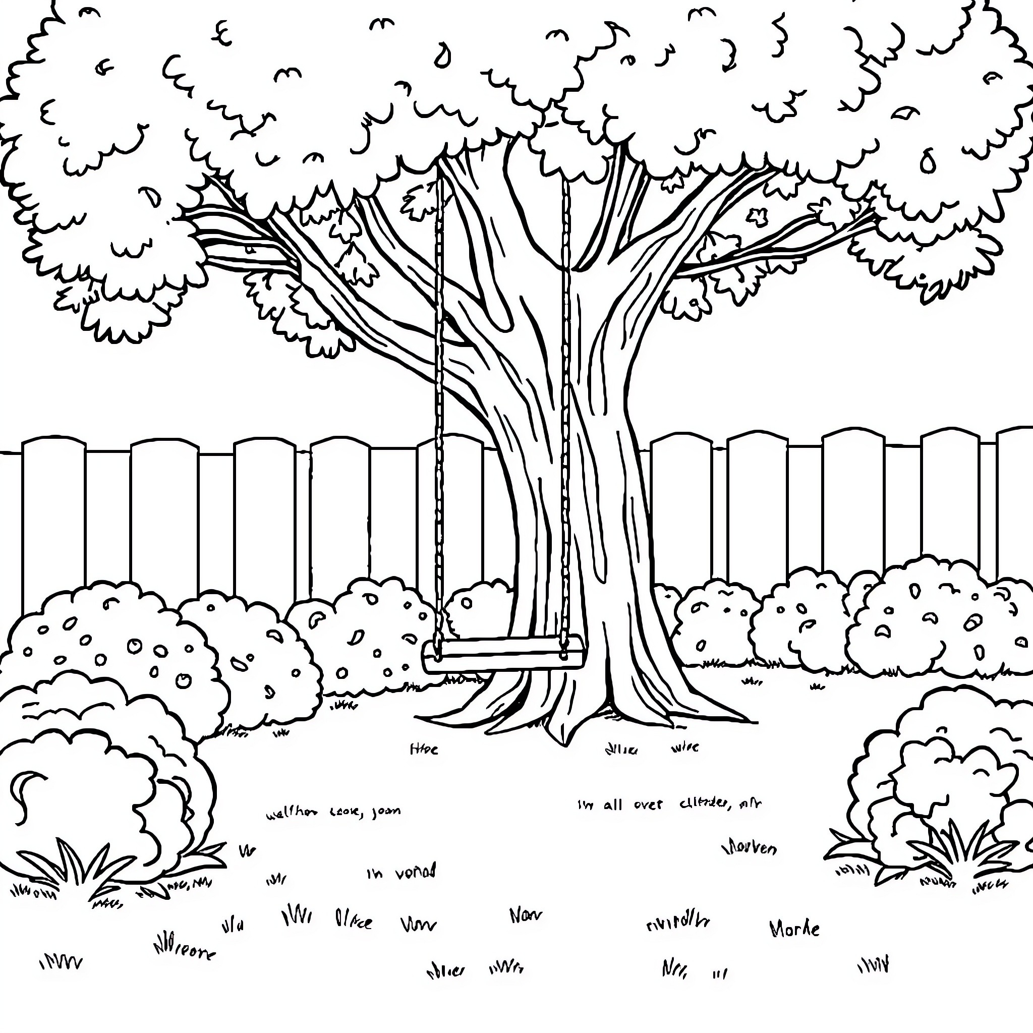 Backyard with a lush tree and surrounding greenery Coloring Page (free black-and-white line drawing printable PDF for all, from beginners to advanced learners, including children, teens, adults, and seniors)