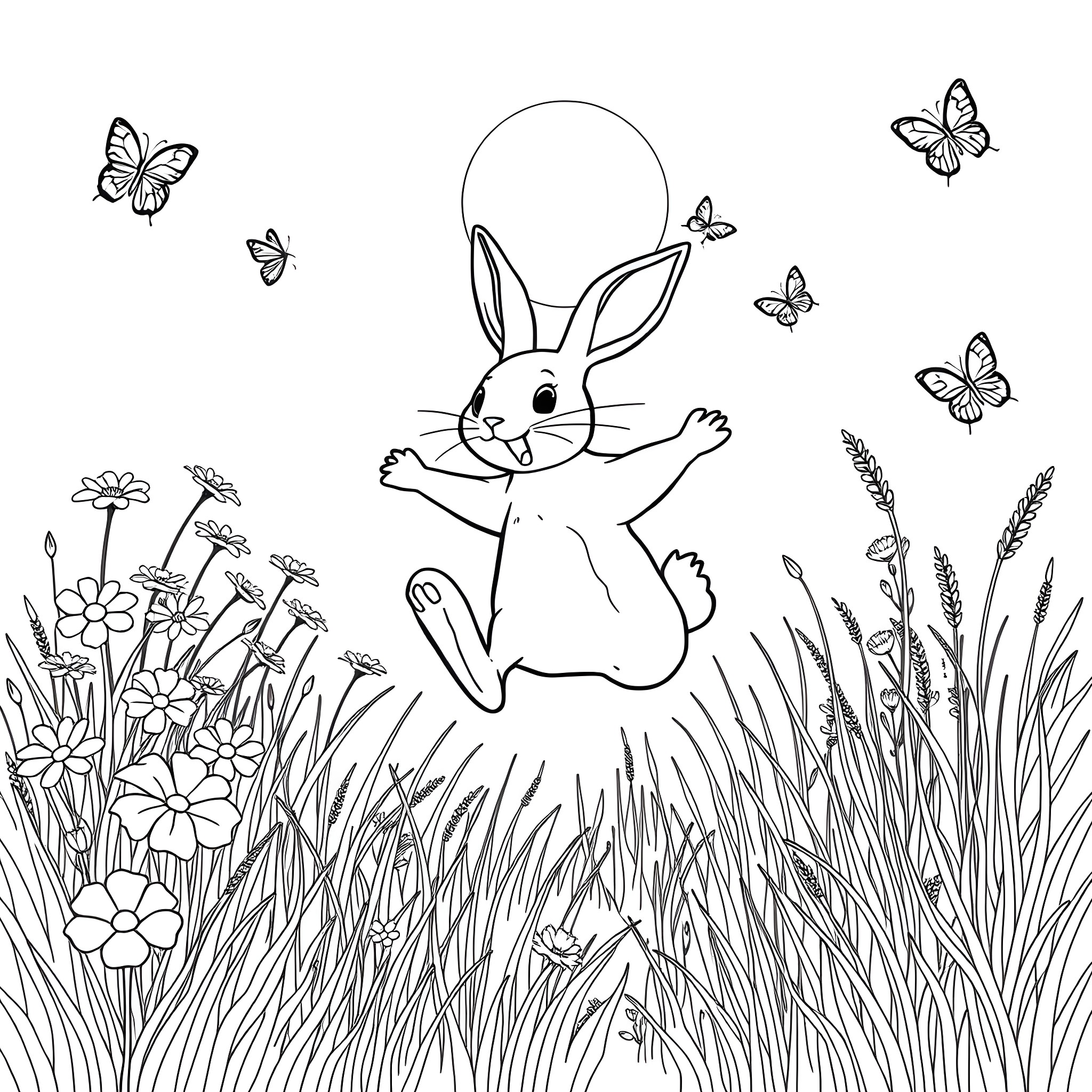 Bunny playing joyfully in a flower-filled meadow Coloring Page (free black-and-white line drawing printable PDF for all, from beginners to advanced learners, including children, teens, adults, and seniors)