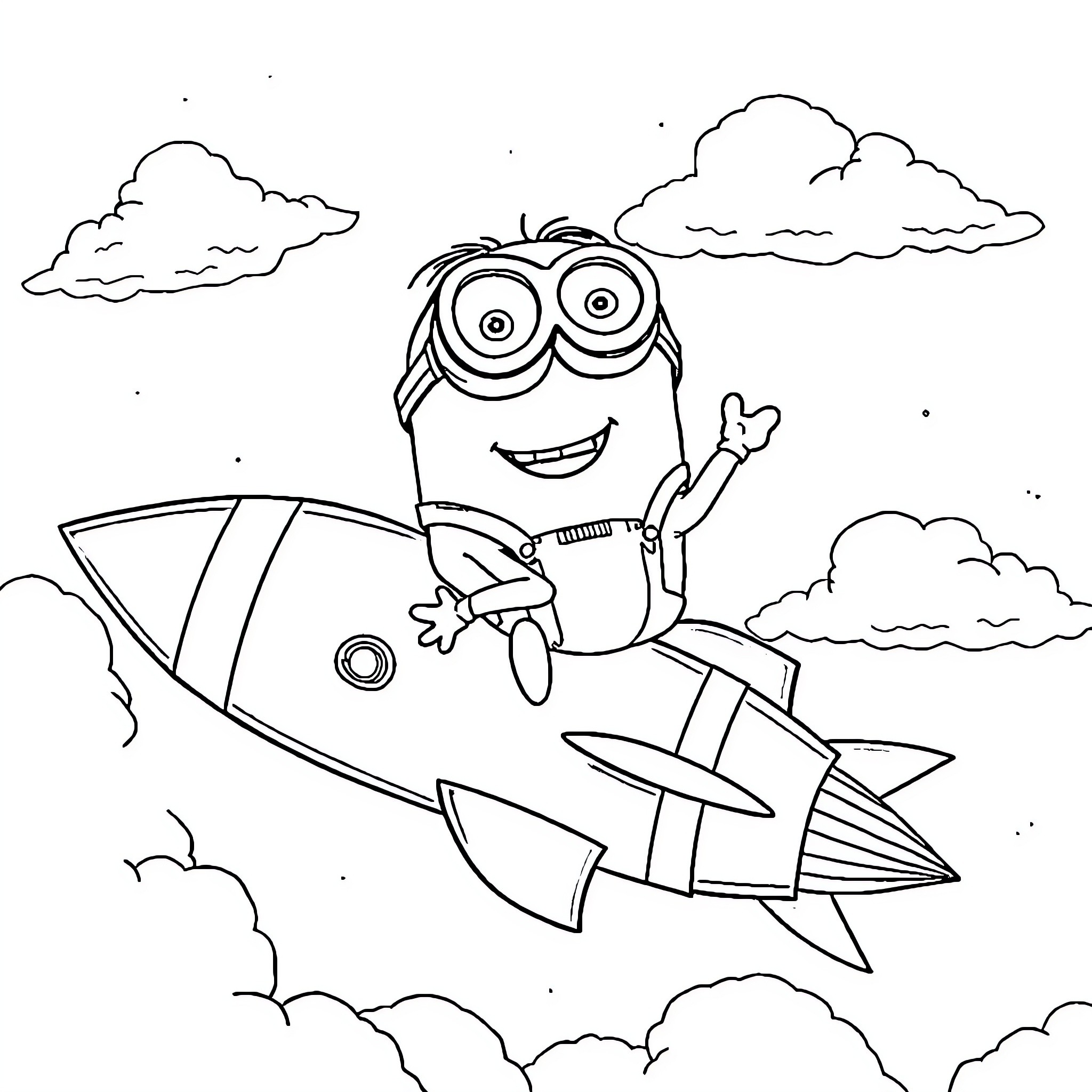 Minion riding a rocket in the sky Coloring Page (free black-and-white line drawing printable PDF for all, from beginners to advanced learners, including children, teens, adults, and seniors)