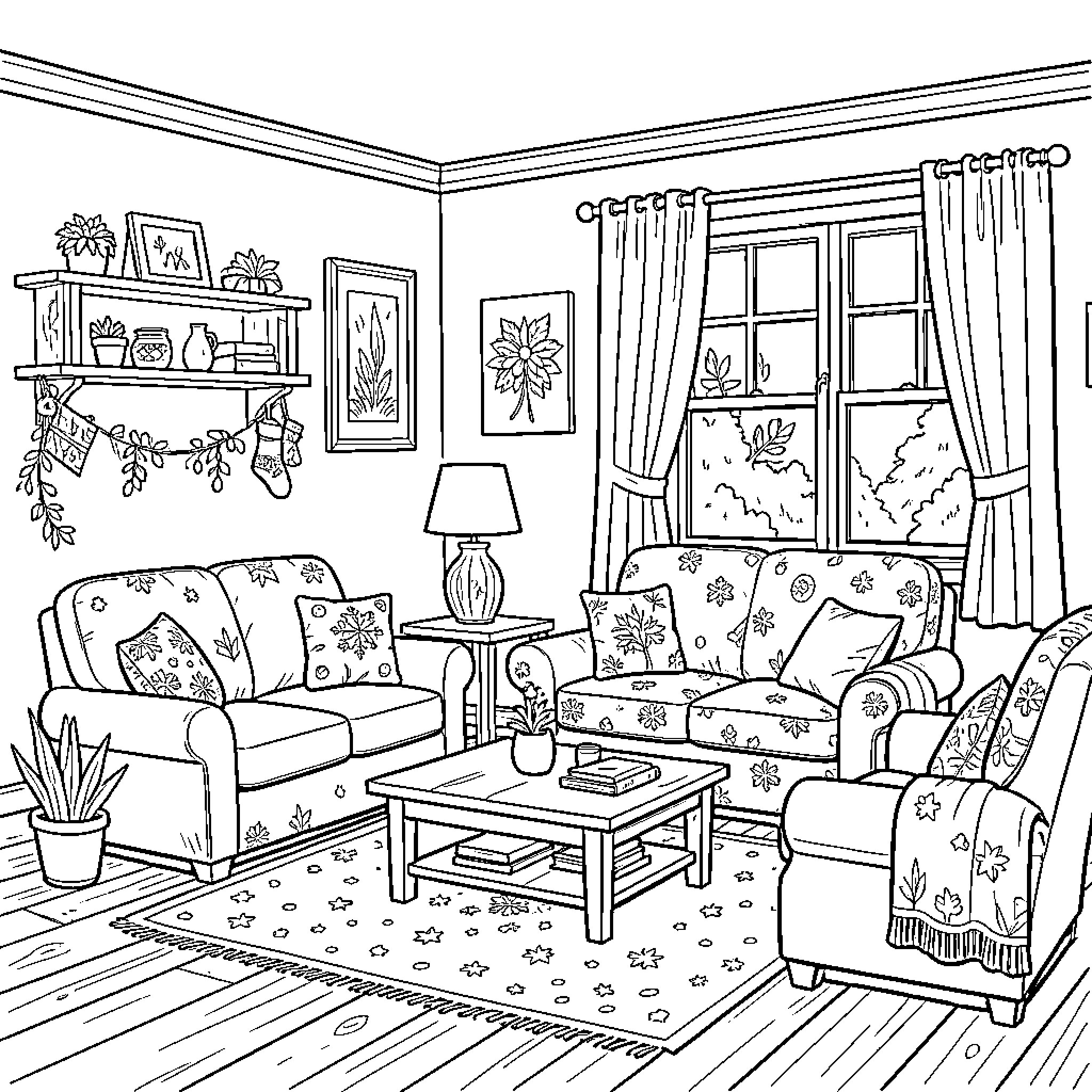 Home living room scene with cozy furniture and decor Coloring Page (free black-and-white line drawing printable PDF for all, from beginners to advanced learners, including children, teens, adults, and seniors)