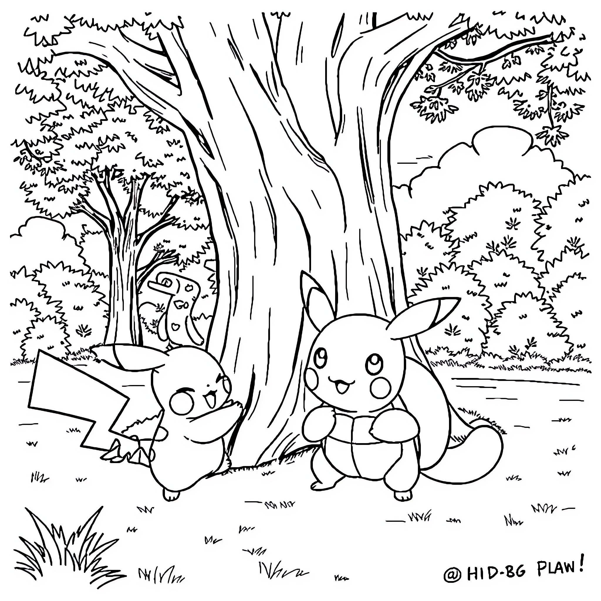 Pikachu and Companion Exploring the Enchanted Forest Coloring Page (free black-and-white line drawing printable PDF for all, from beginners to advanced learners, including children, teens, adults, and seniors)