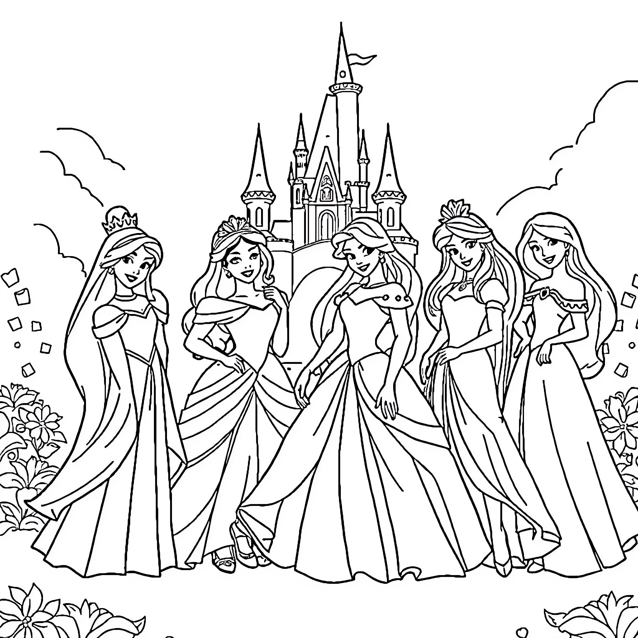 Princesses Gathered in Front of Castle Coloring Page (free black-and-white line drawing printable PDF for all, from beginners to advanced learners, including children, teens, adults, and seniors)