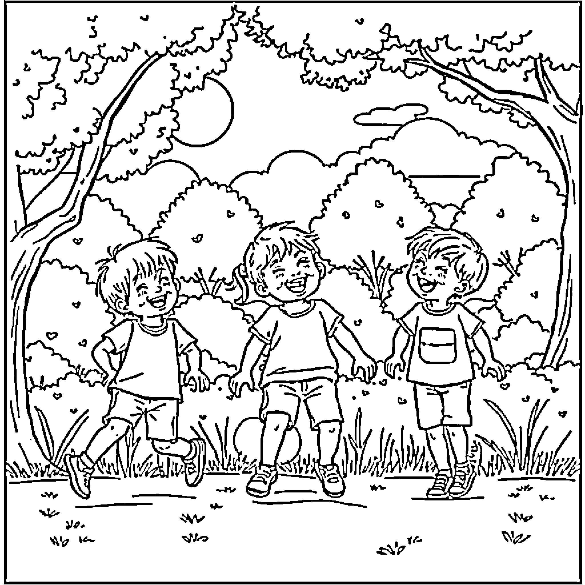 Kid playing joyfully in the park Coloring Page (free black-and-white line drawing printable PDF for all, from beginners to advanced learners, including children, teens, adults, and seniors)