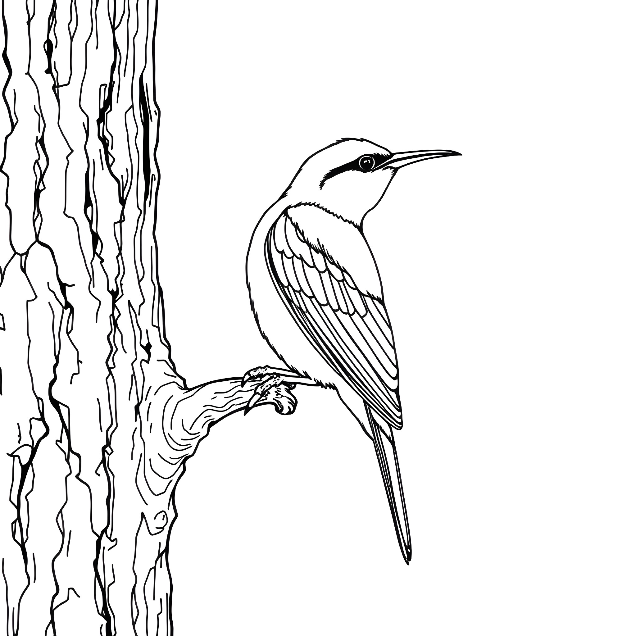 Dacnis bird perched on tree bark Coloring Page (free black-and-white line drawing printable PDF for all, from beginners to advanced learners, including children, teens, adults, and seniors)