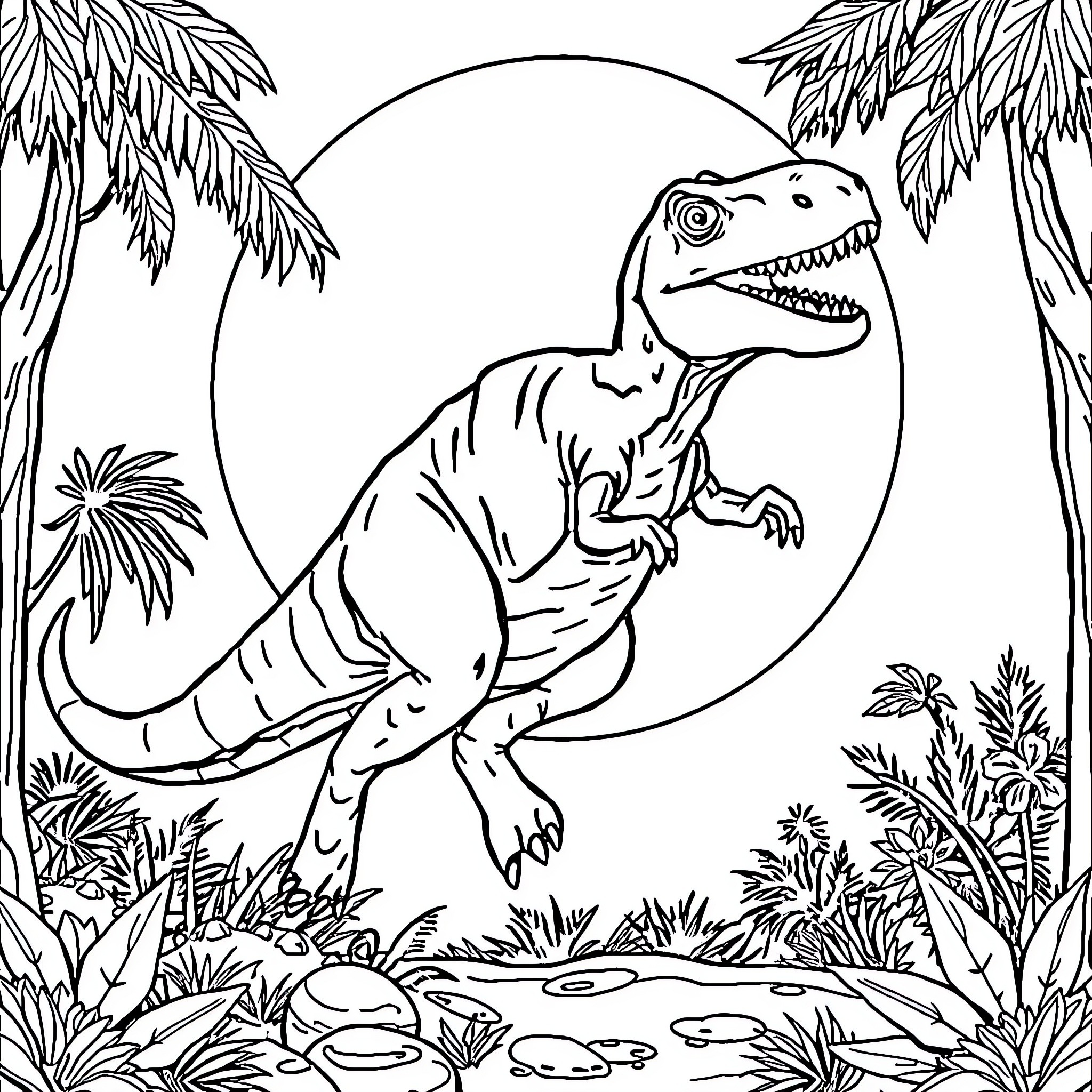 Dinosaur exploring tropical landscape Coloring Page (free black-and-white line drawing printable PDF for all, from beginners to advanced learners, including children, teens, adults, and seniors)