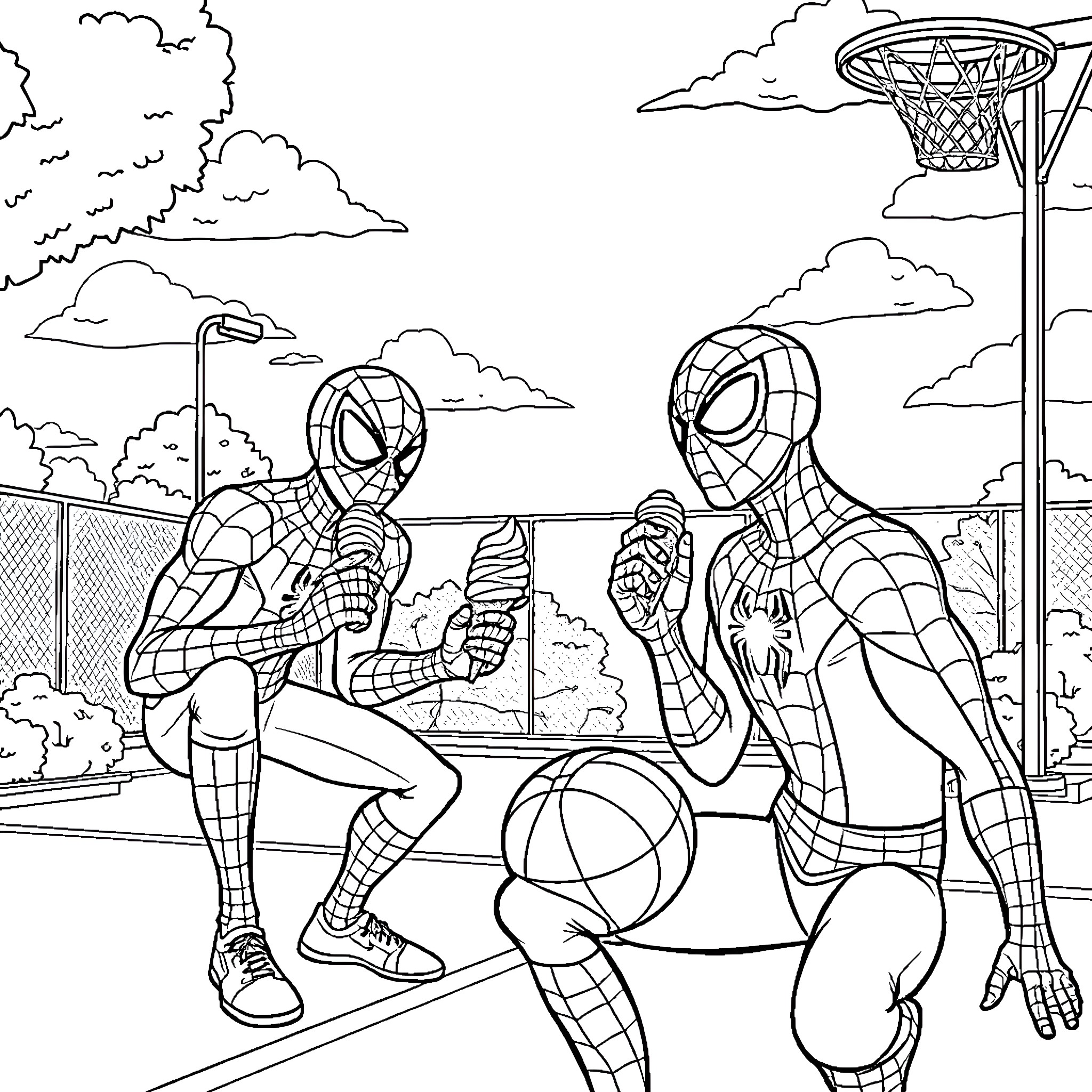 Spidermen playing basketball on the court Coloring Page (free black-and-white line drawing printable PDF for all, from beginners to advanced learners, including children, teens, adults, and seniors)