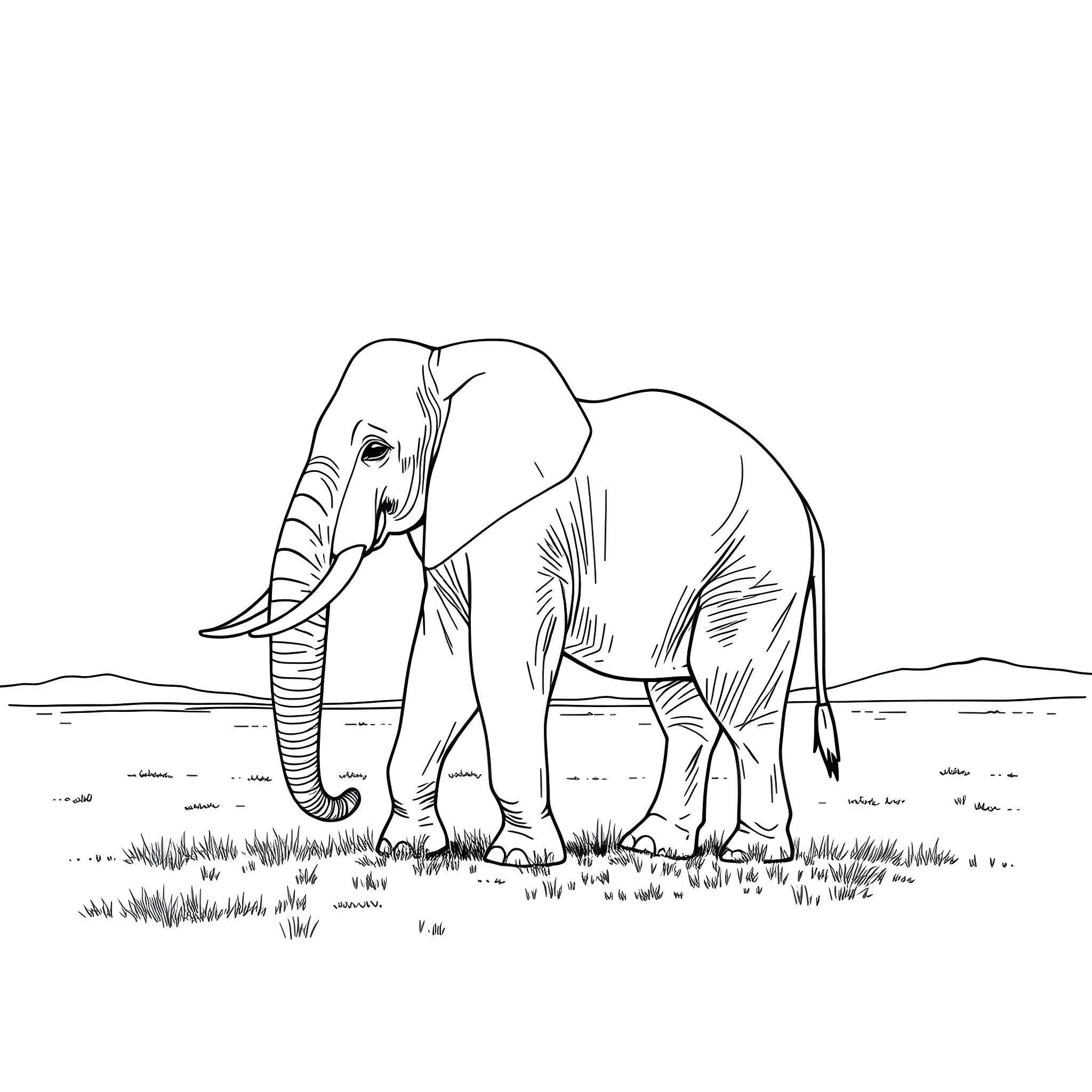 Elephant walking alone in the grassland Coloring Page (free black-and-white line drawing printable PDF for all, from beginners to advanced learners, including children, teens, adults, and seniors)