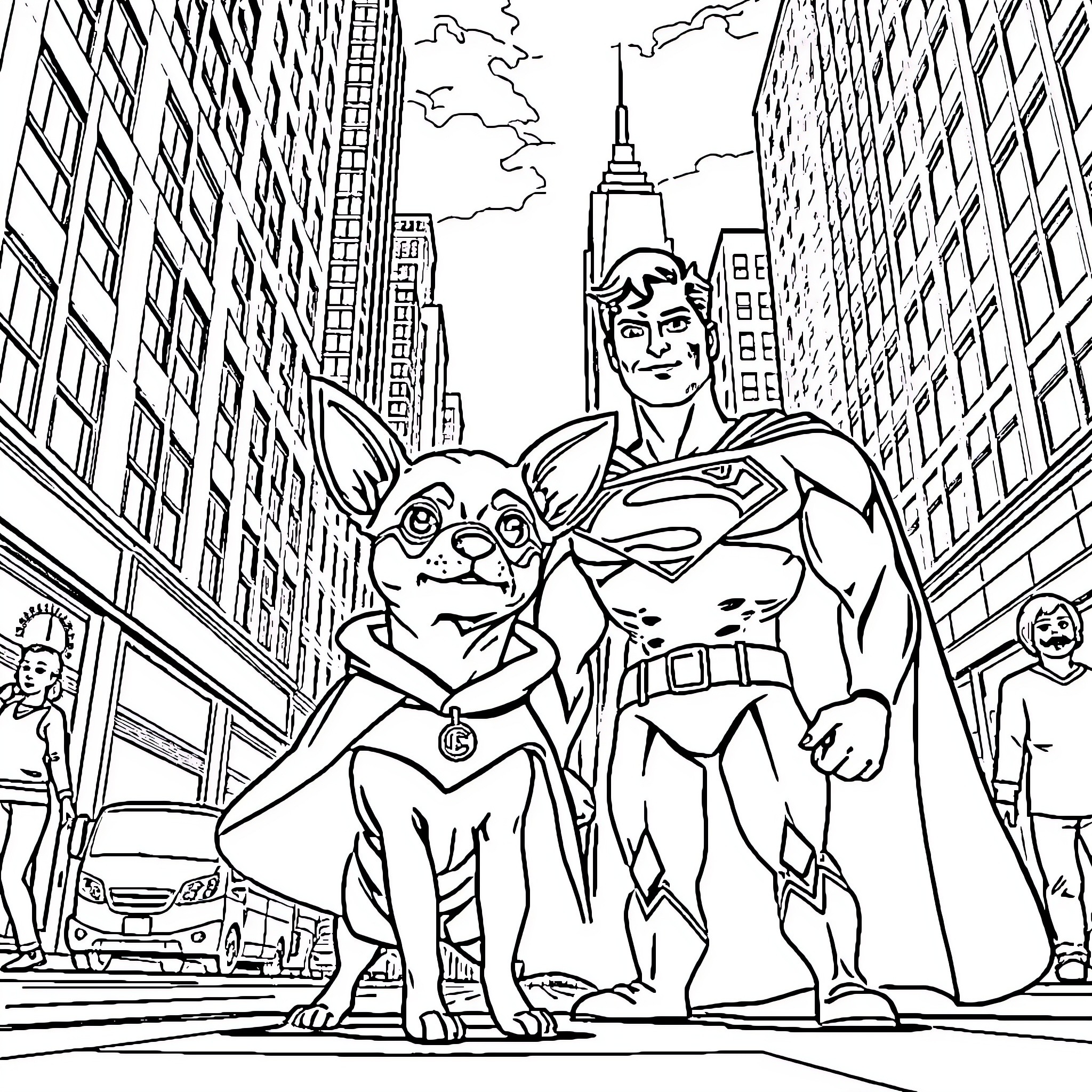 Chihuahua and Superhero in the City Coloring Page (free black-and-white line drawing printable PDF for all, from beginners to advanced learners, including children, teens, adults, and seniors)