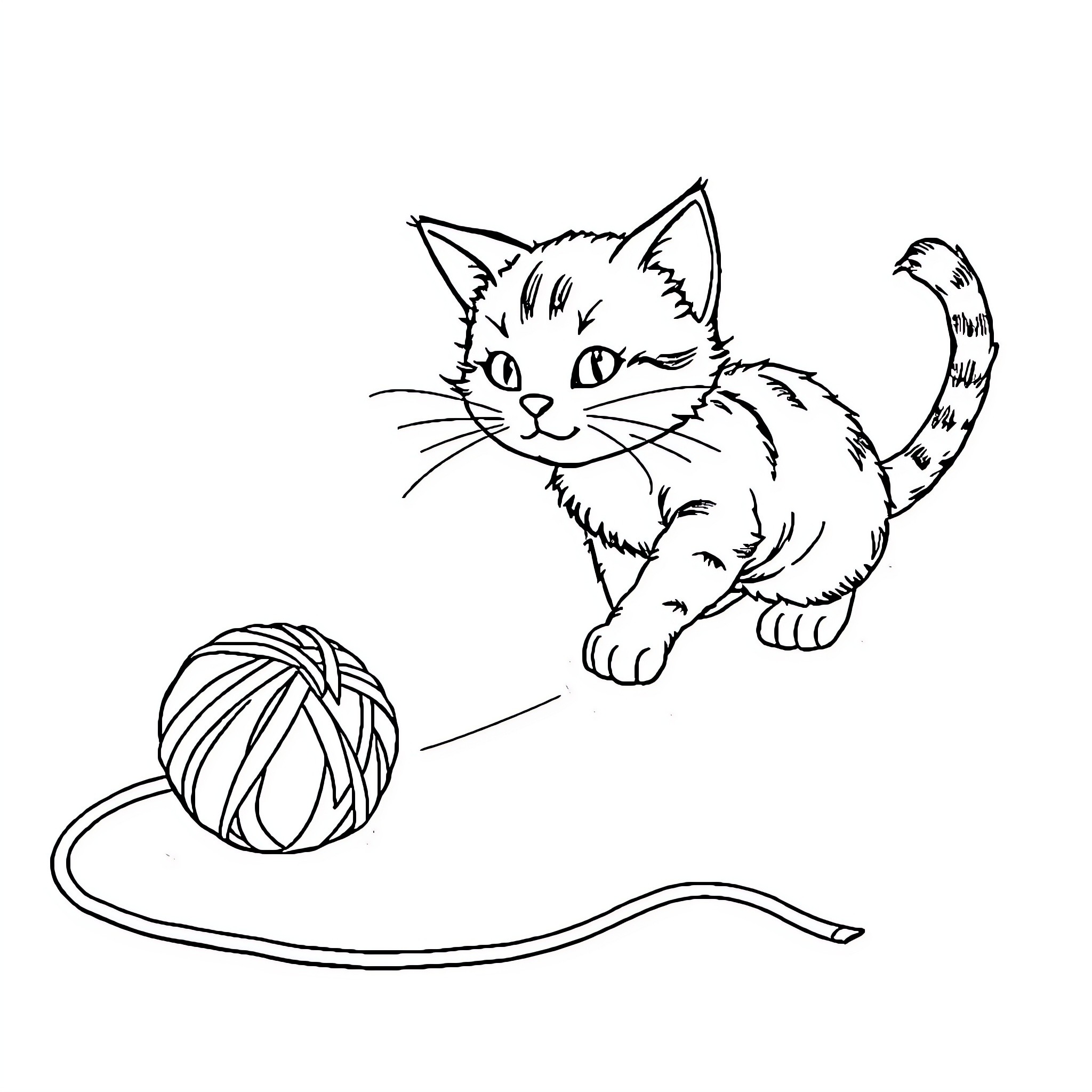 Cat playing with yarn in black and white Coloring Page (free black-and-white line drawing printable PDF for all, from beginners to advanced learners, including children, teens, adults, and seniors)
