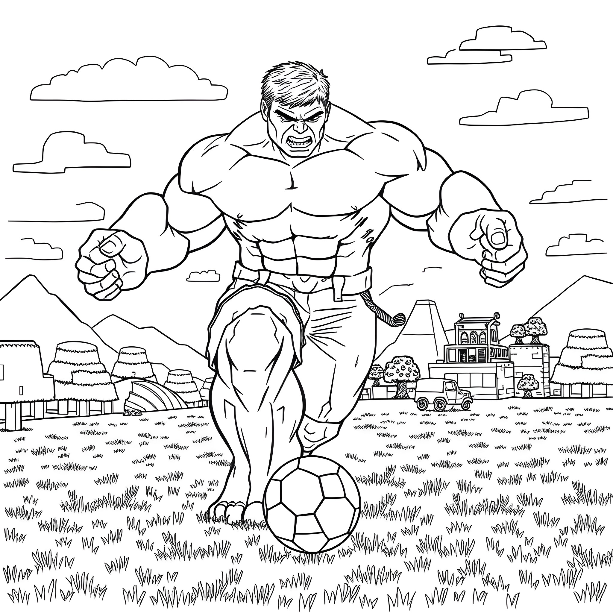 Hulk kicking a soccer ball in the park Coloring Page (free black-and-white line drawing printable PDF for all, from beginners to advanced learners, including children, teens, adults, and seniors)