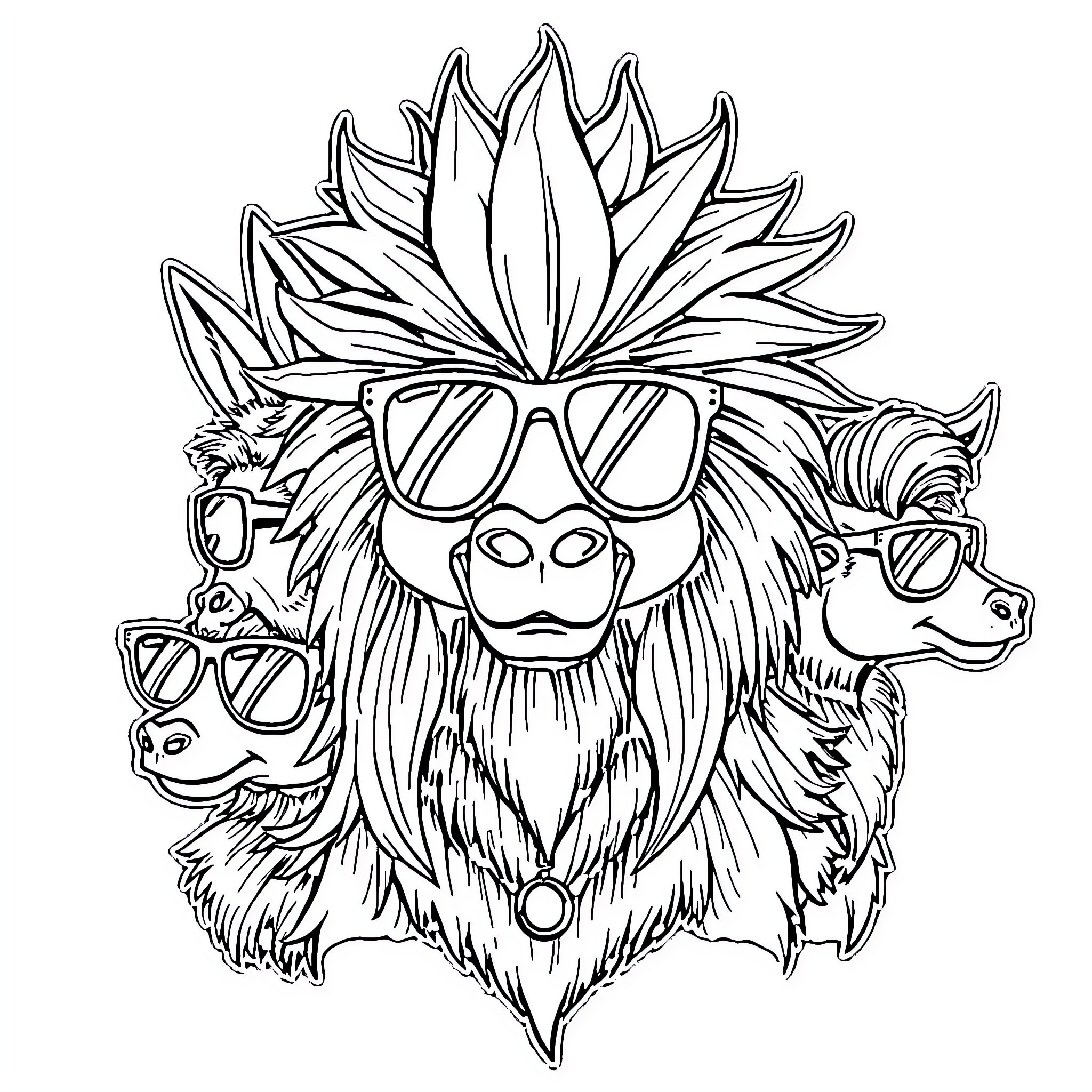 Animal with Stylish Eyewear and Floral Crown Coloring Page (free black-and-white line drawing printable PDF for all, from beginners to advanced learners, including children, teens, adults, and seniors)