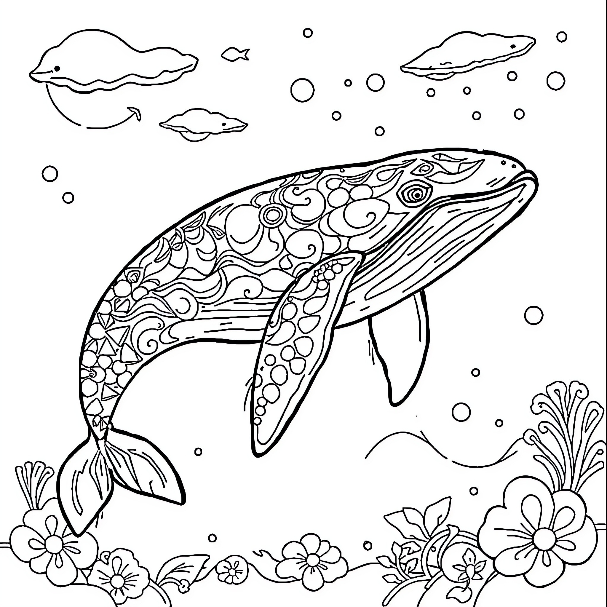 Whale swimming gracefully amidst underwater flora Coloring Page (free black-and-white line drawing printable PDF for all, from beginners to advanced learners, including children, teens, adults, and seniors)