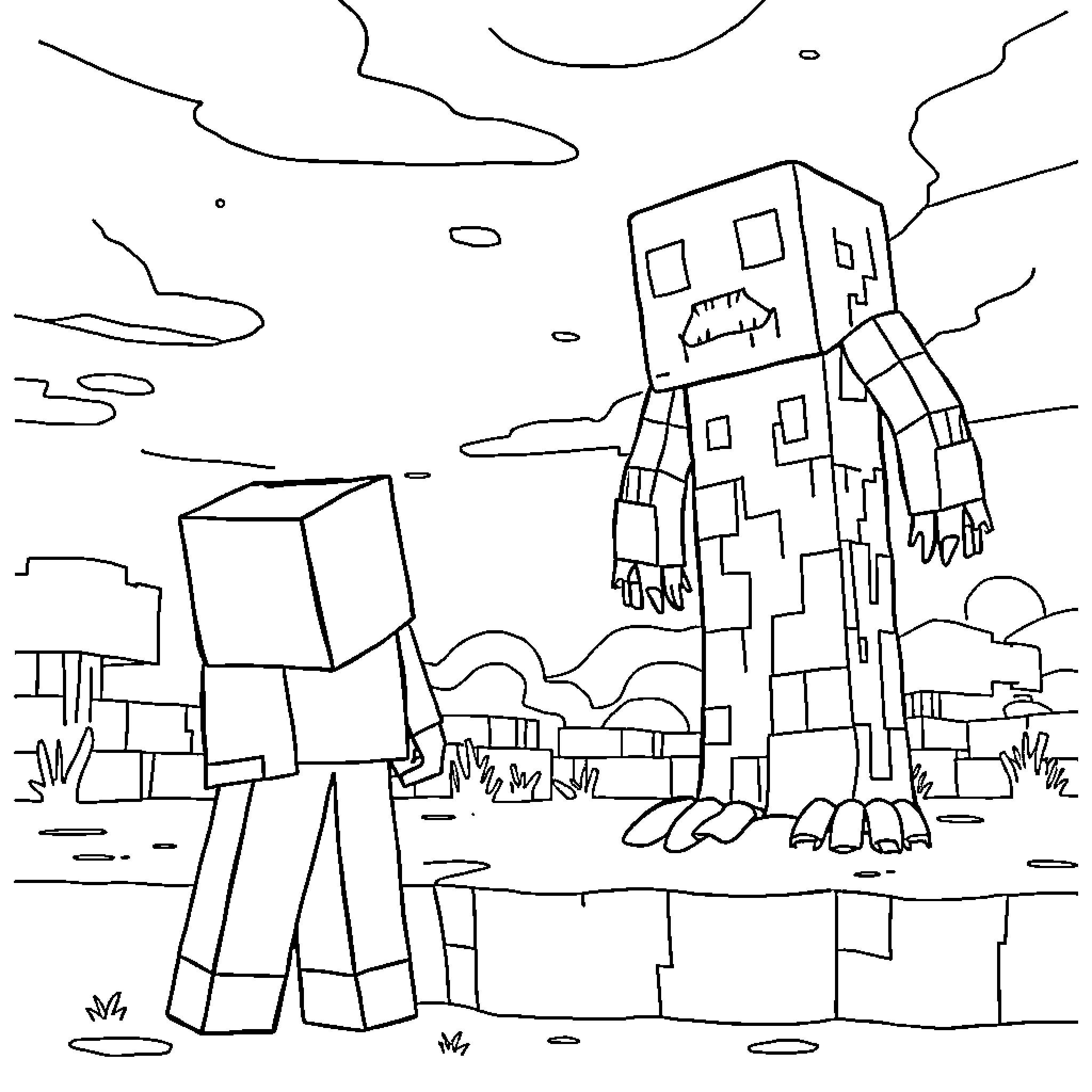 Bluey explores the Minecraft world Coloring Page (free black-and-white line drawing printable PDF for all, from beginners to advanced learners, including children, teens, adults, and seniors)