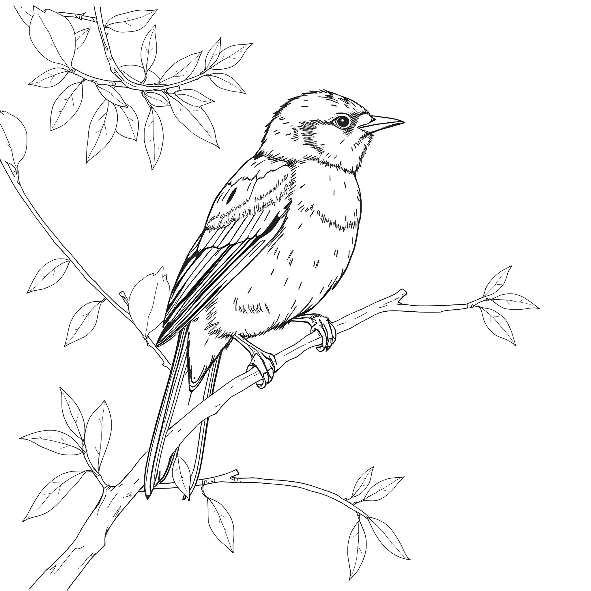 Spinus Tristis perched on a leafy branch Coloring Page (free black-and-white line drawing printable PDF for all, from beginners to advanced learners, including children, teens, adults, and seniors)