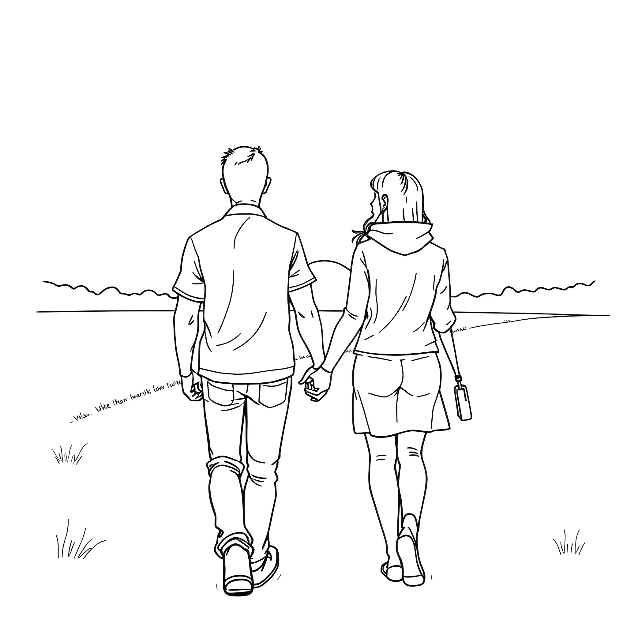 Person walking together in a scenic outdoor setting Coloring Page (free black-and-white line drawing printable PDF for all, from beginners to advanced learners, including children, teens, adults, and seniors)