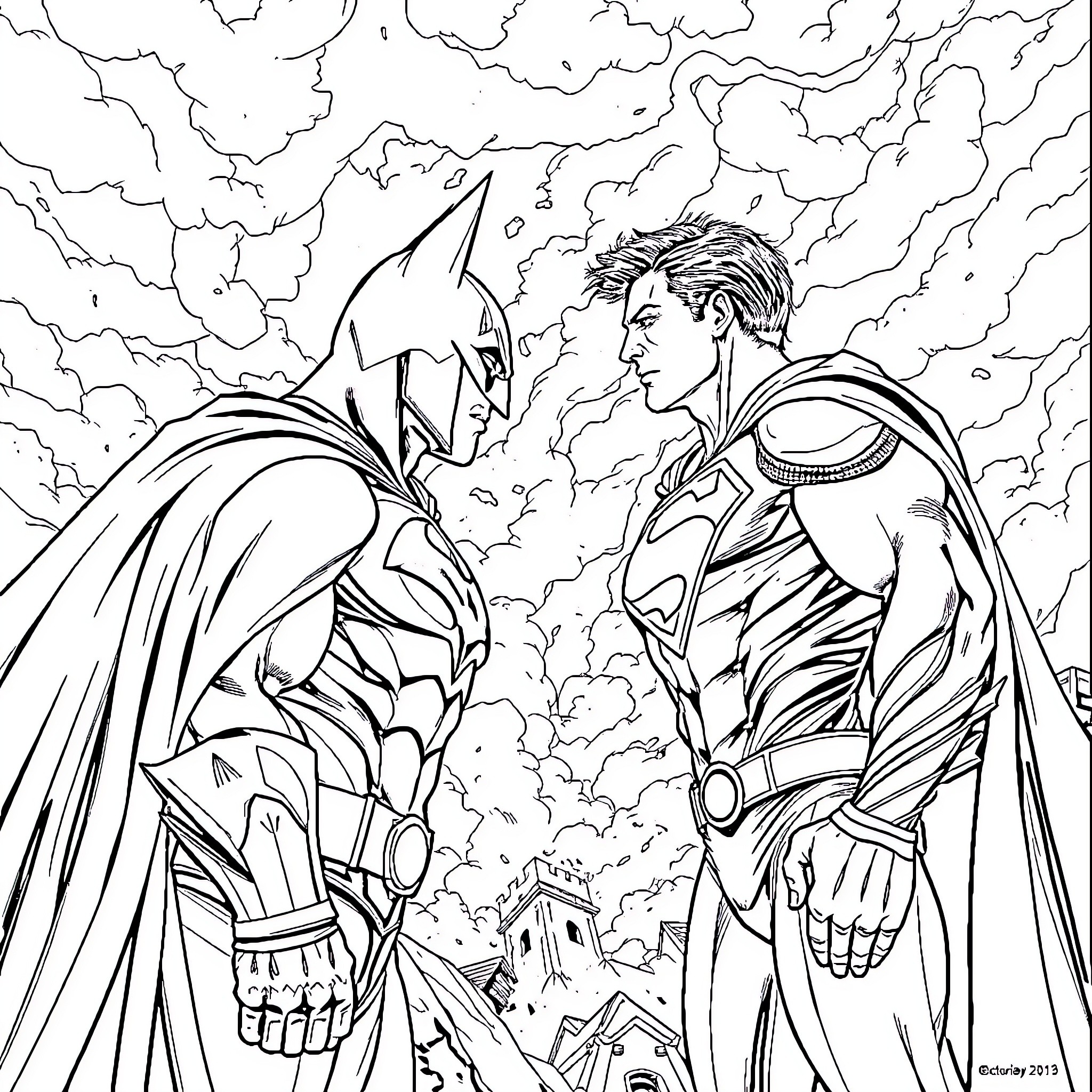 Batman in Epic Confrontation with Superhero Ally Coloring Page (free black-and-white line drawing printable PDF for all, from beginners to advanced learners, including children, teens, adults, and seniors)