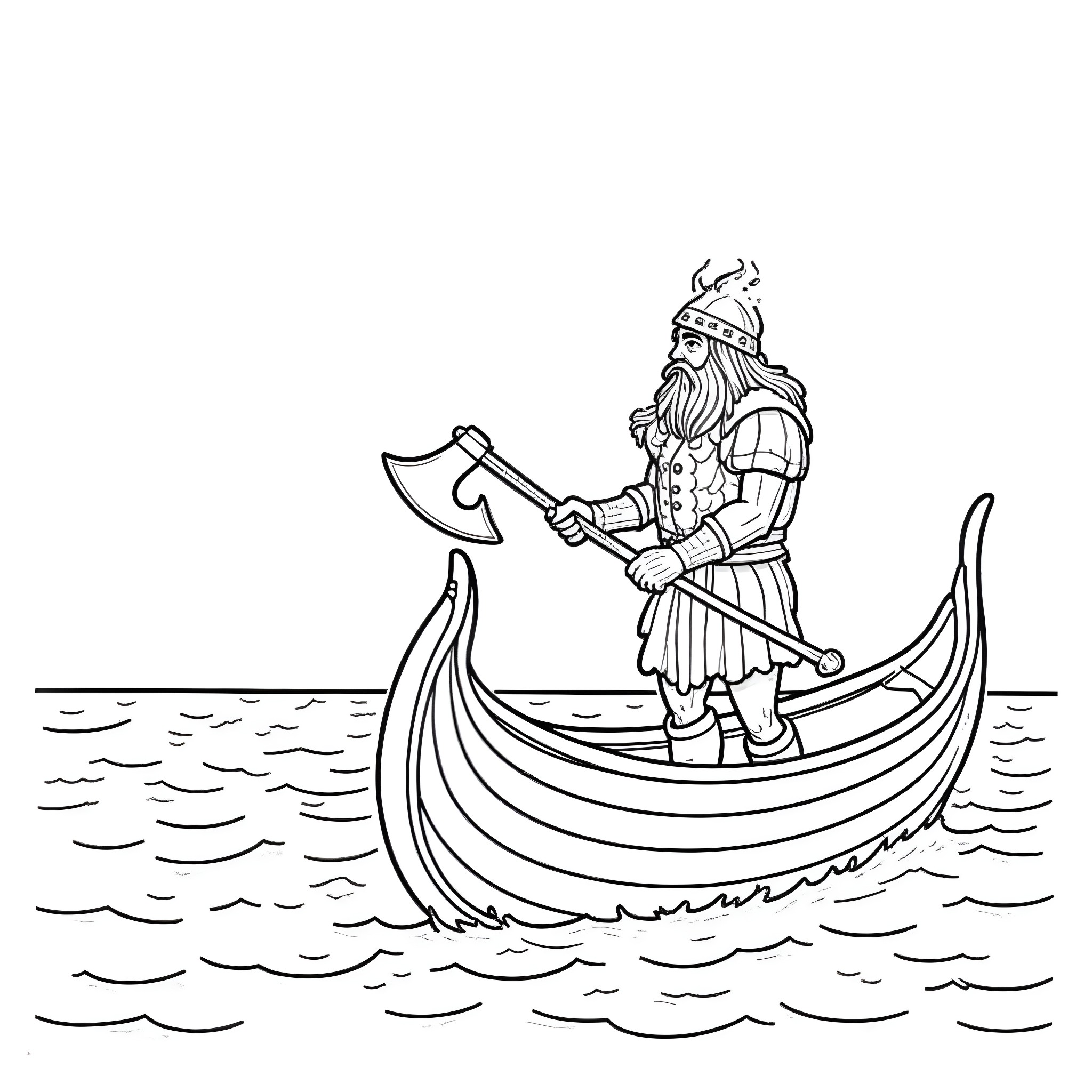 Viking warrior rowing his boat on the open sea Coloring Page (free black-and-white line drawing printable PDF for all, from beginners to advanced learners, including children, teens, adults, and seniors)