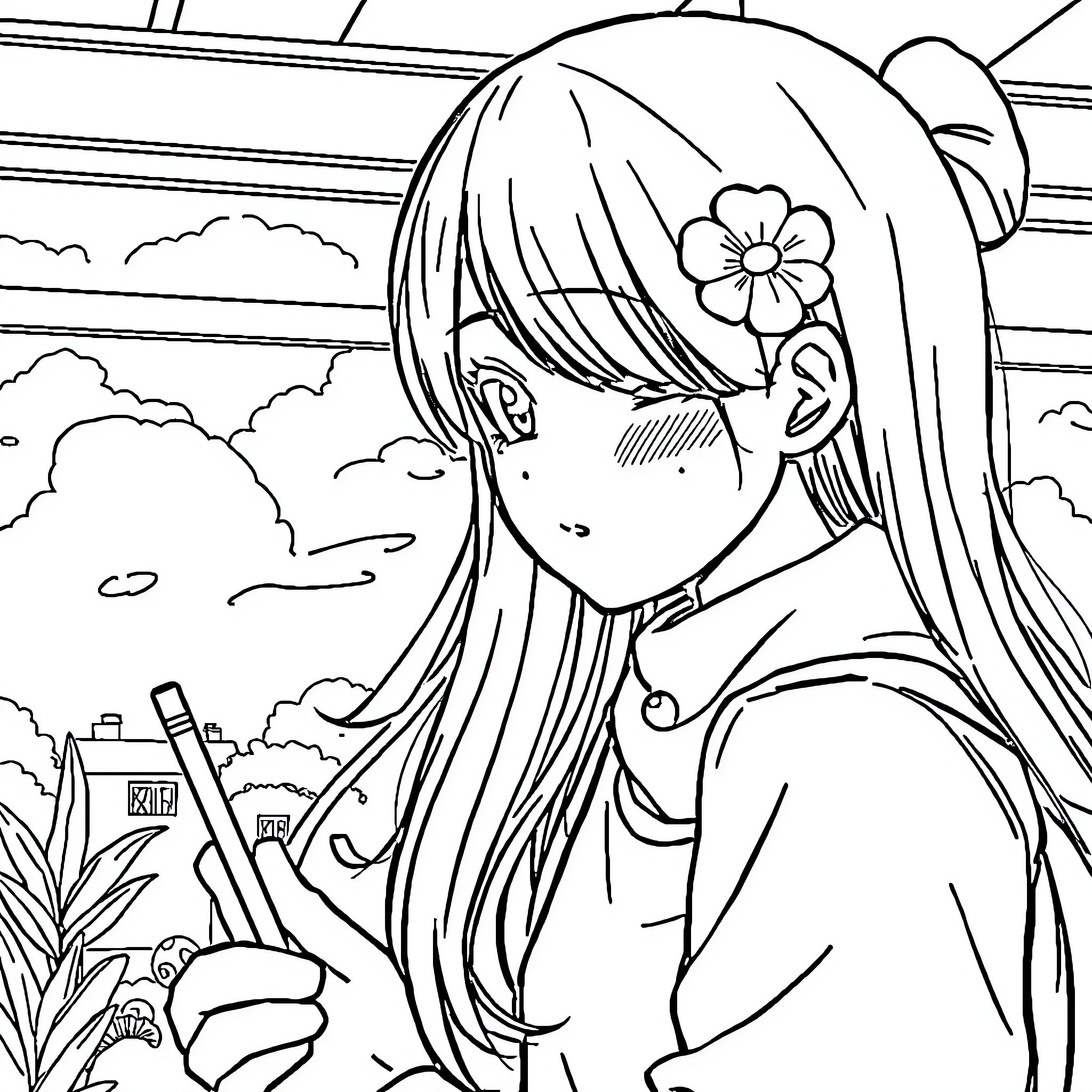 Anime Girl with Flower in Scenic Outdoors Coloring Page (free black-and-white line drawing printable PDF for all, from beginners to advanced learners, including children, teens, adults, and seniors)