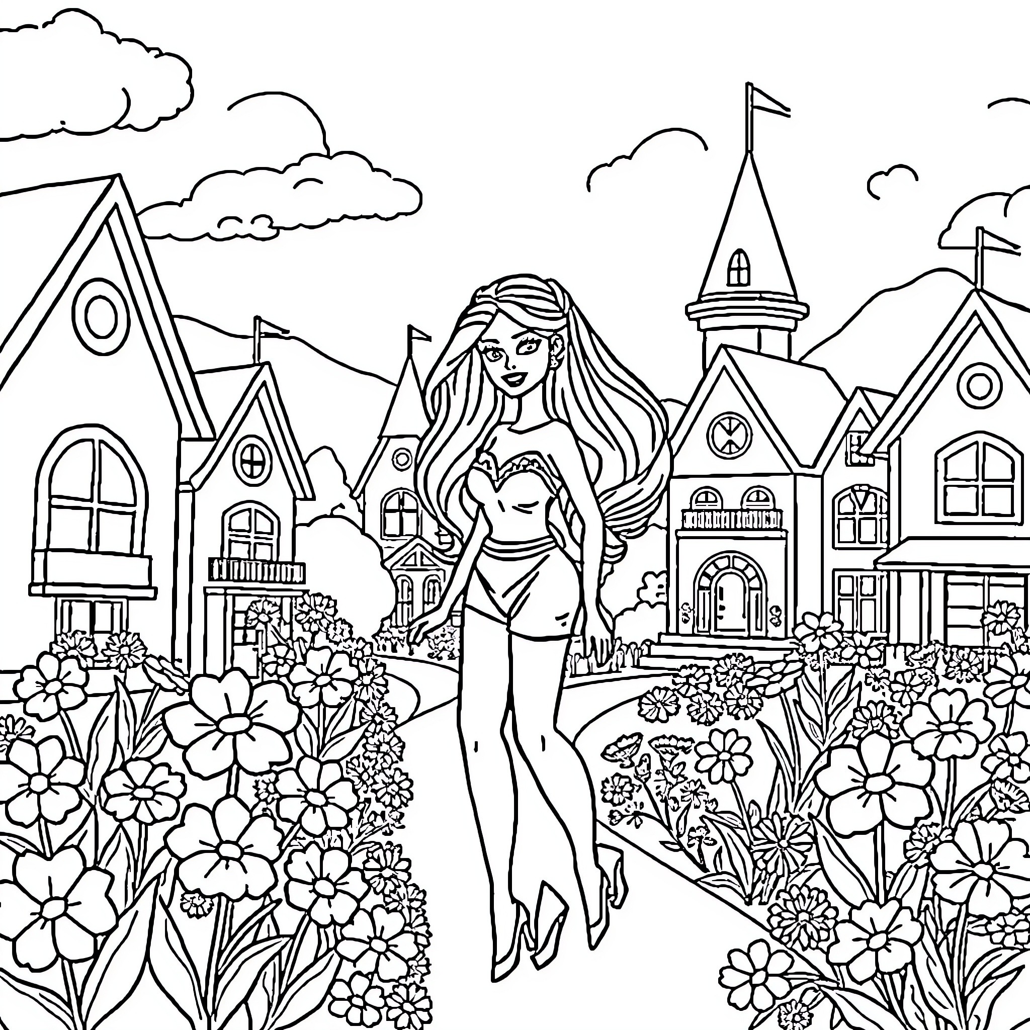 Barbie posing confidently in a magical town Coloring Page (free black-and-white line drawing printable PDF for all, from beginners to advanced learners, including children, teens, adults, and seniors)
