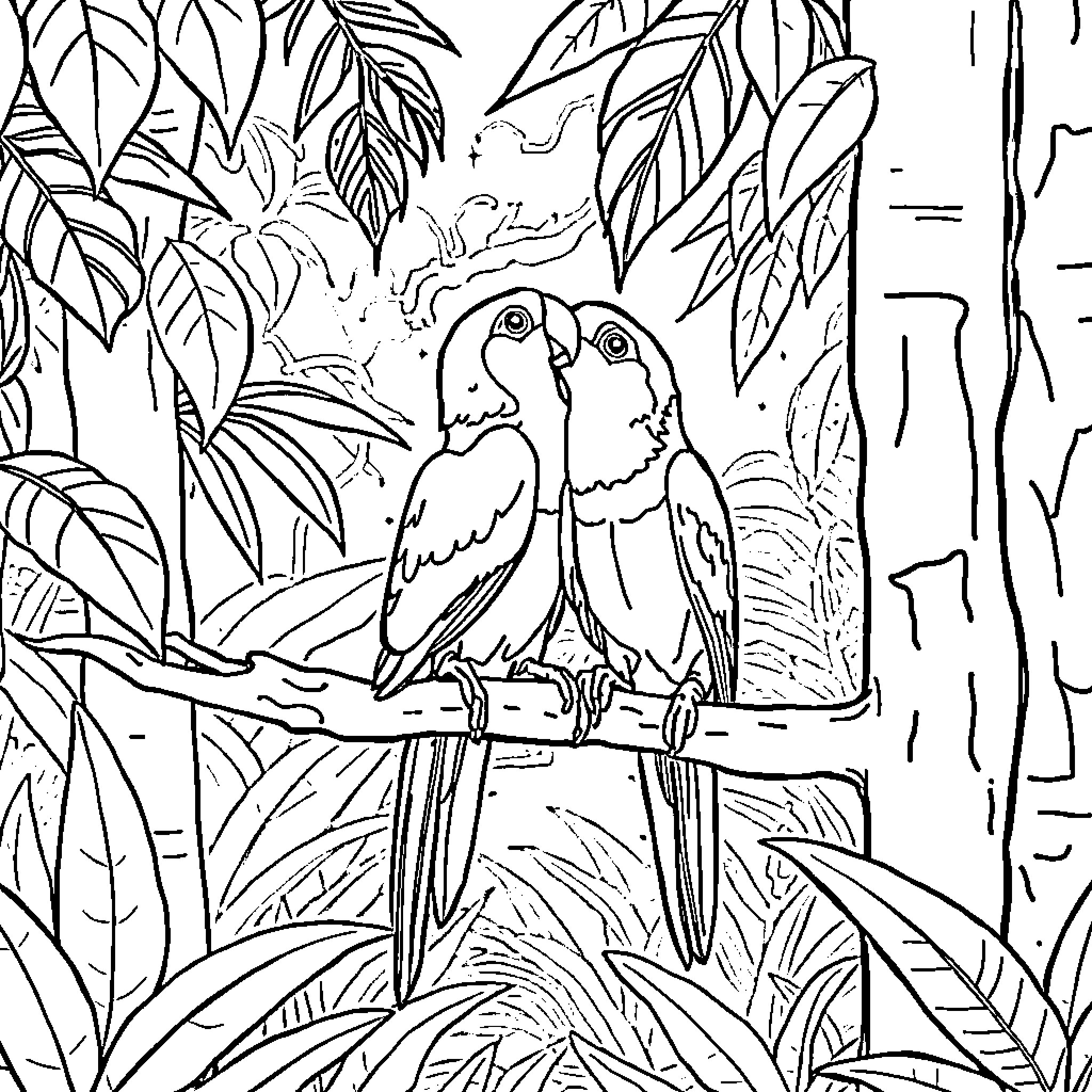Parrot couple in lush tropical foliage Coloring Page (free black-and-white line drawing printable PDF for all, from beginners to advanced learners, including children, teens, adults, and seniors)