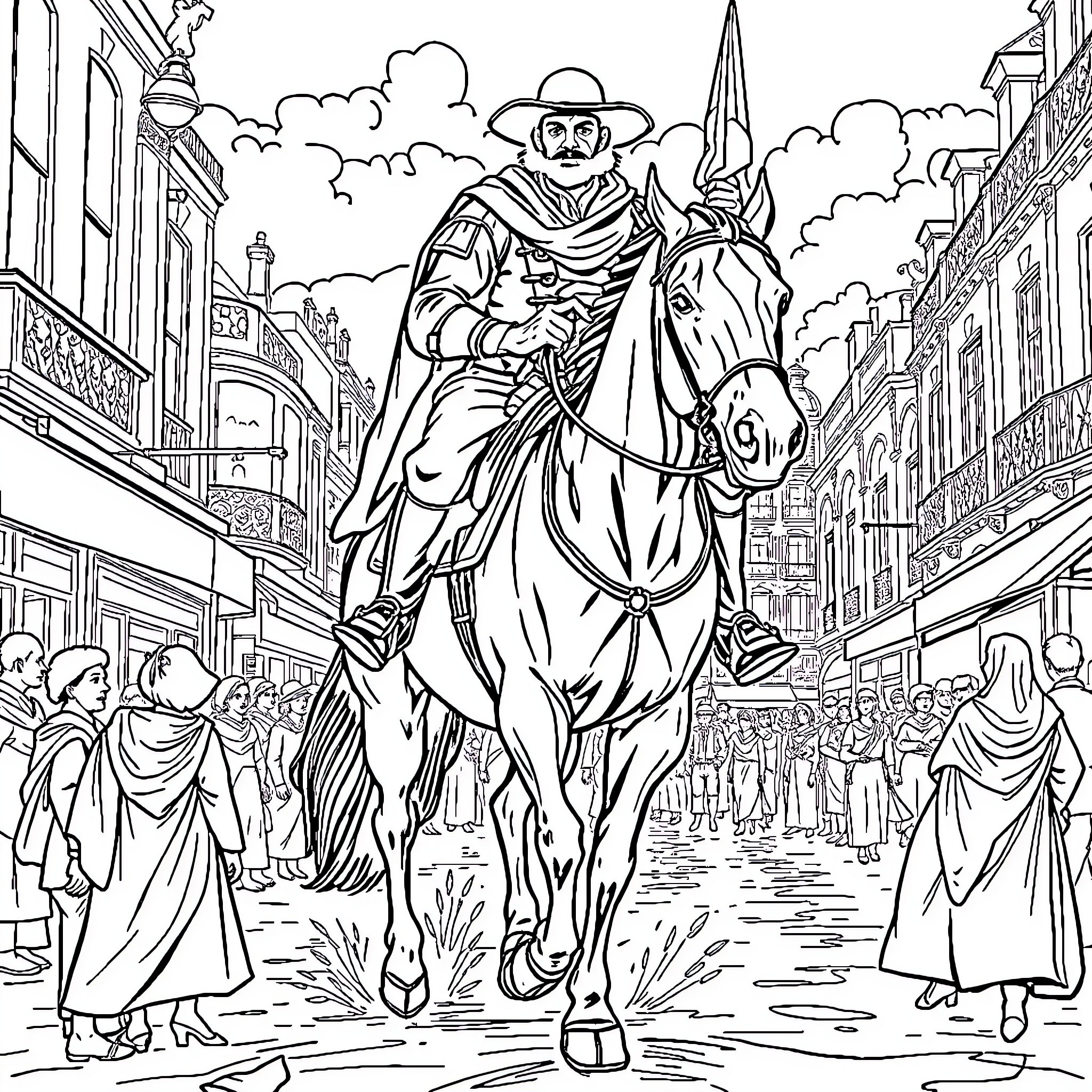 Arthur Morgan riding through the bustling city on horseback Coloring Page (free black-and-white line drawing printable PDF for all, from beginners to advanced learners, including children, teens, adults, and seniors)