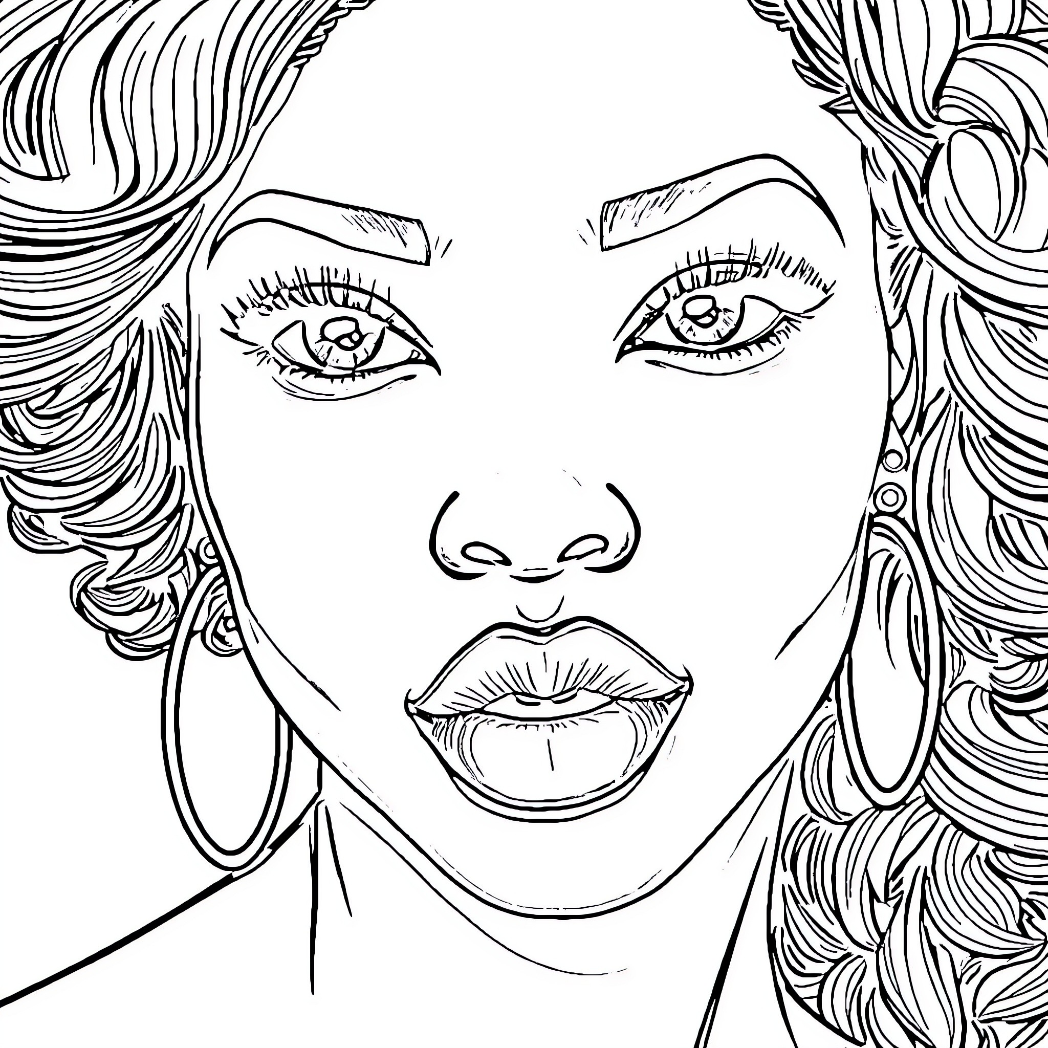 Woman with Expressive Eyes and Lips Coloring Page (free black-and-white line drawing printable PDF for all, from beginners to advanced learners, including children, teens, adults, and seniors)