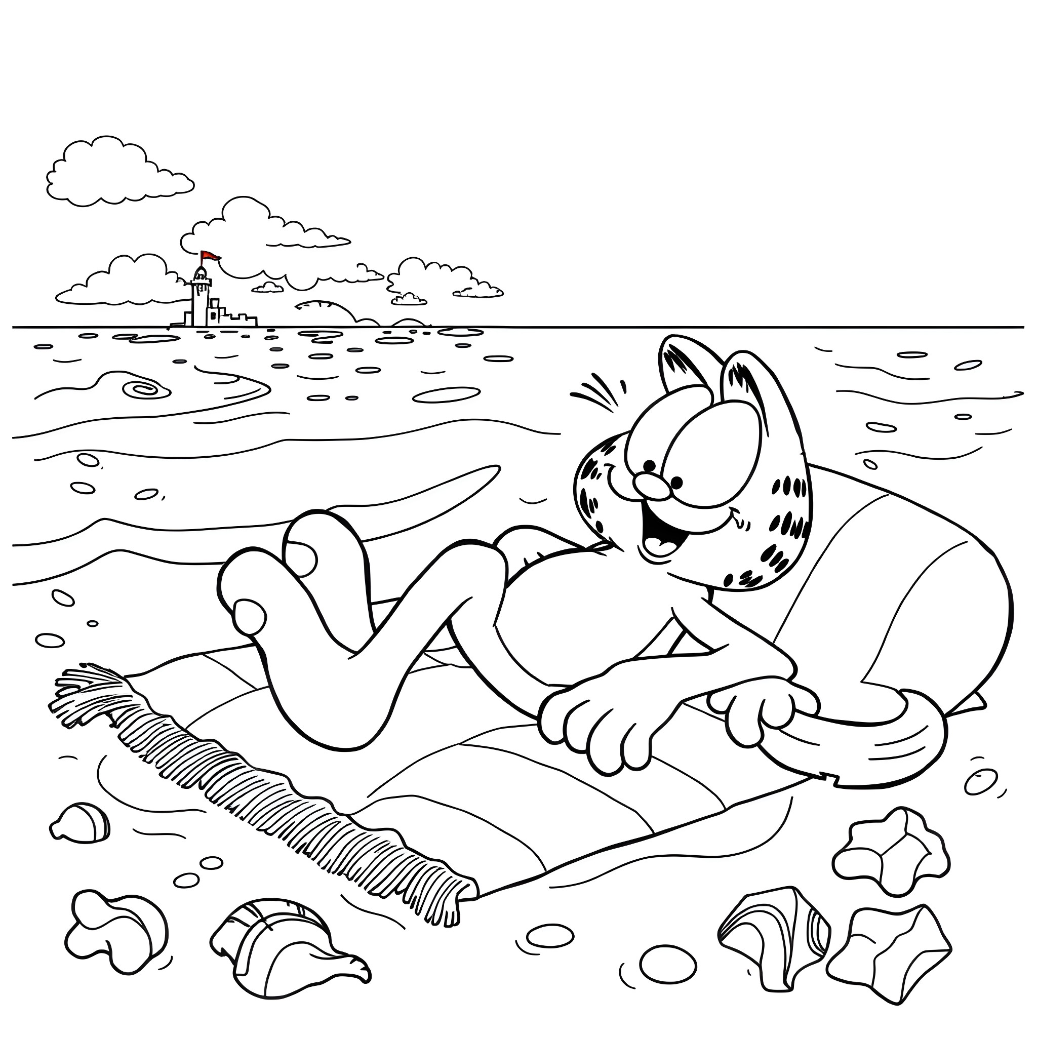 Garfield relaxing by the beach Coloring Page (free black-and-white line drawing printable PDF for all, from beginners to advanced learners, including children, teens, adults, and seniors)