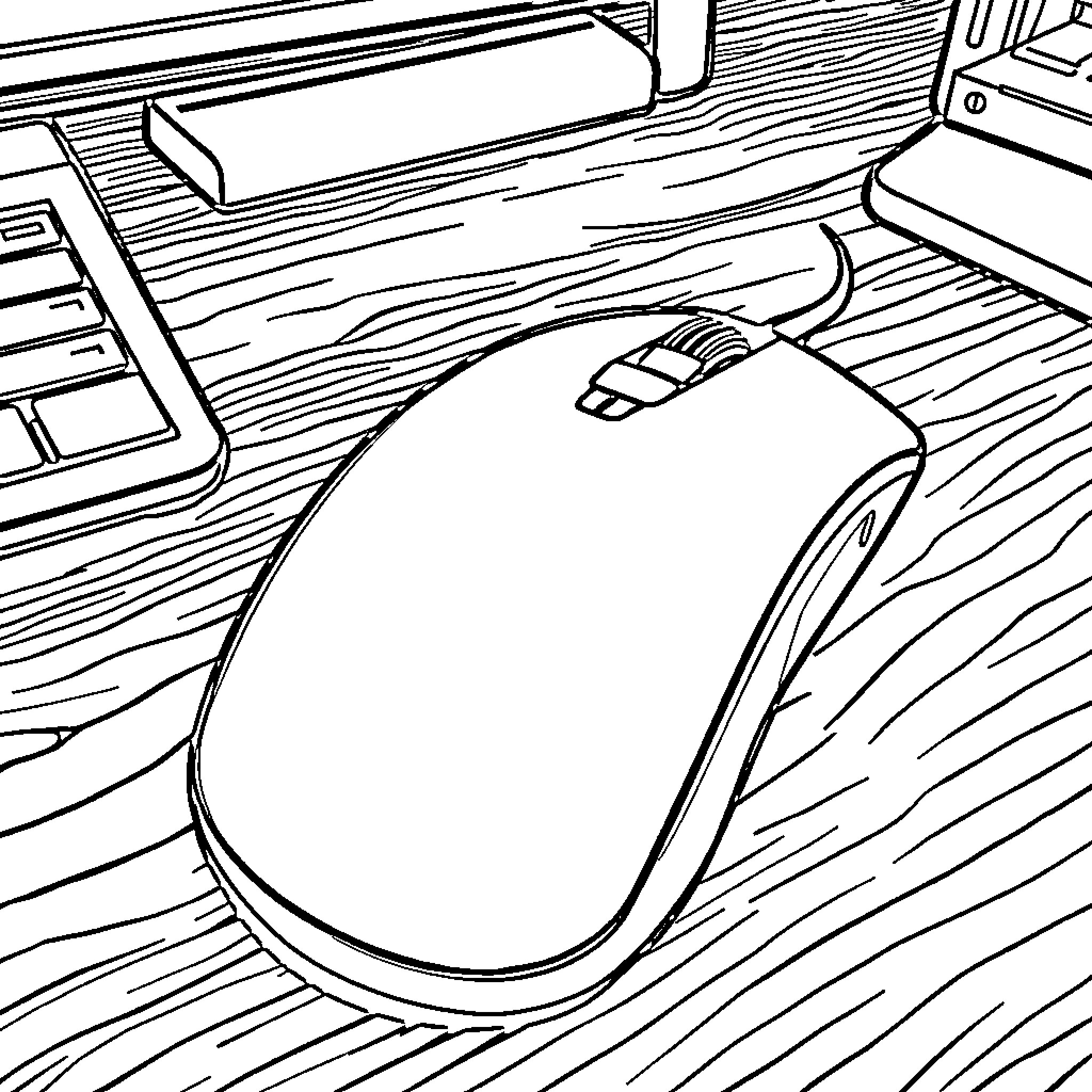 Computer Mouse on Wooden Desk Coloring Page (free black-and-white line drawing printable PDF for all, from beginners to advanced learners, including children, teens, adults, and seniors)