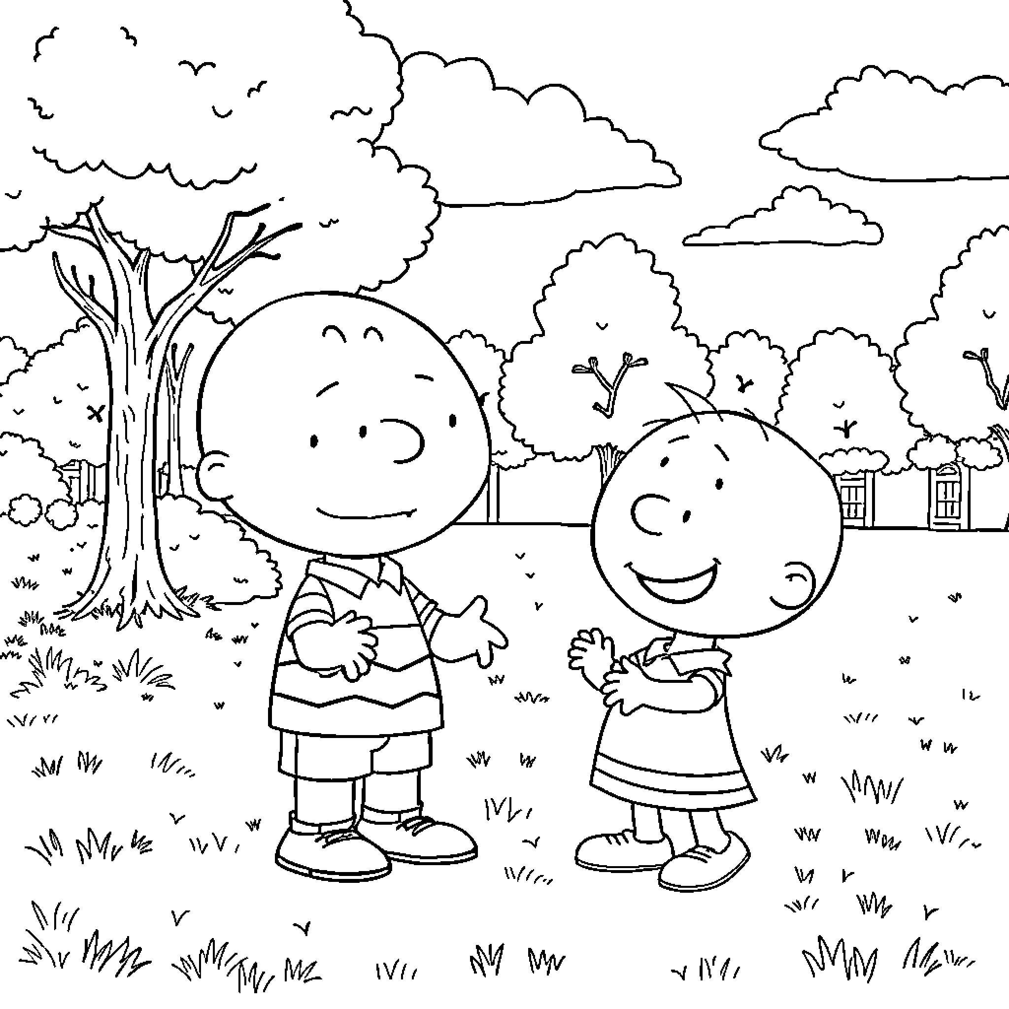Stewie and friends enjoying outdoor adventure Coloring Page (free black-and-white line drawing printable PDF for all, from beginners to advanced learners, including children, teens, adults, and seniors)