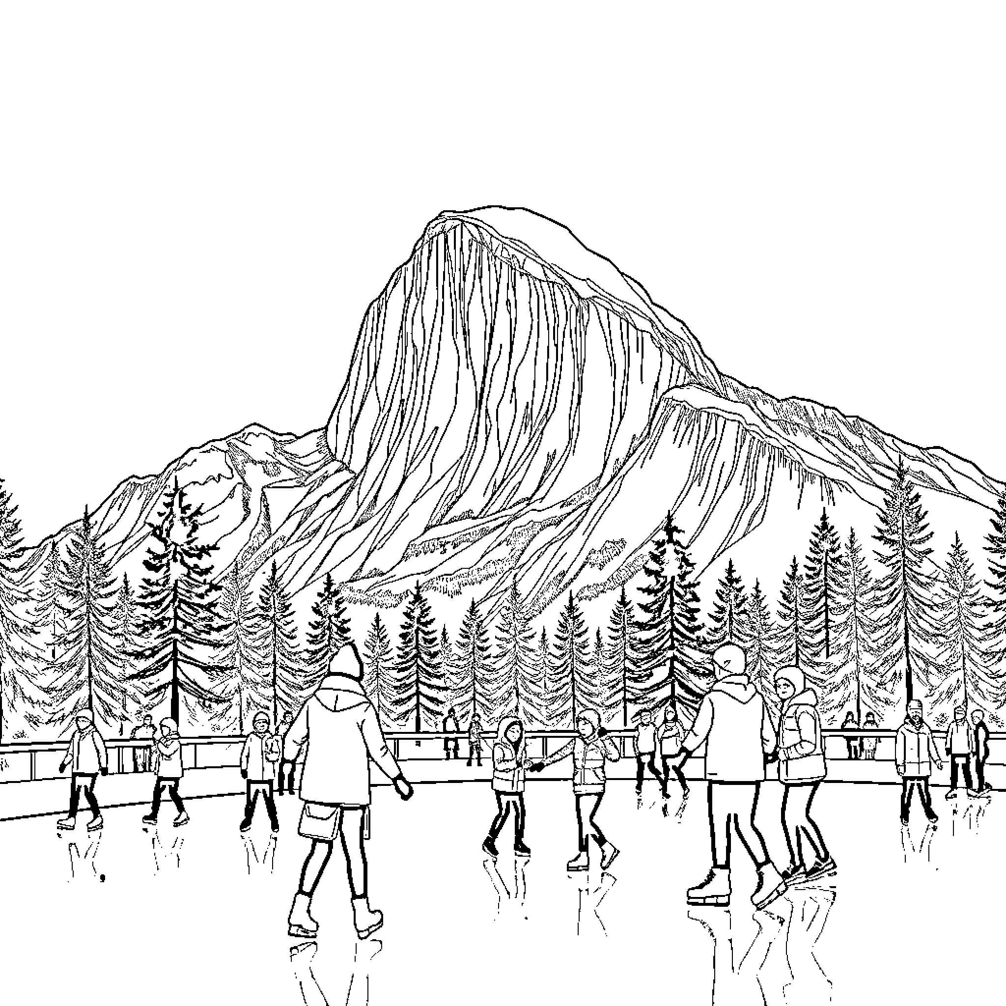 Ice Skating in the Snowy Mountain Landscape Coloring Page (free black-and-white line drawing printable PDF for all, from beginners to advanced learners, including children, teens, adults, and seniors)