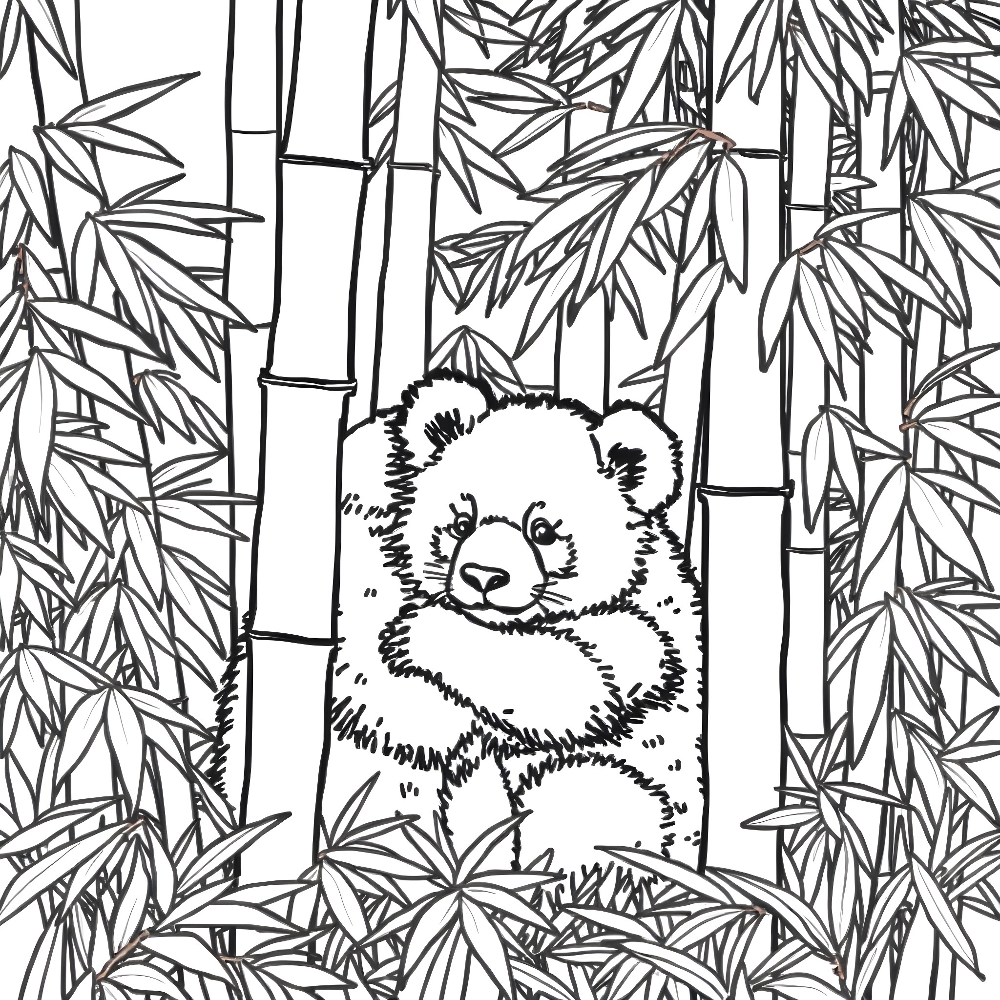 Panda lounging in bamboo forest Coloring Page (free black-and-white line drawing printable PDF for all, from beginners to advanced learners, including children, teens, adults, and seniors)