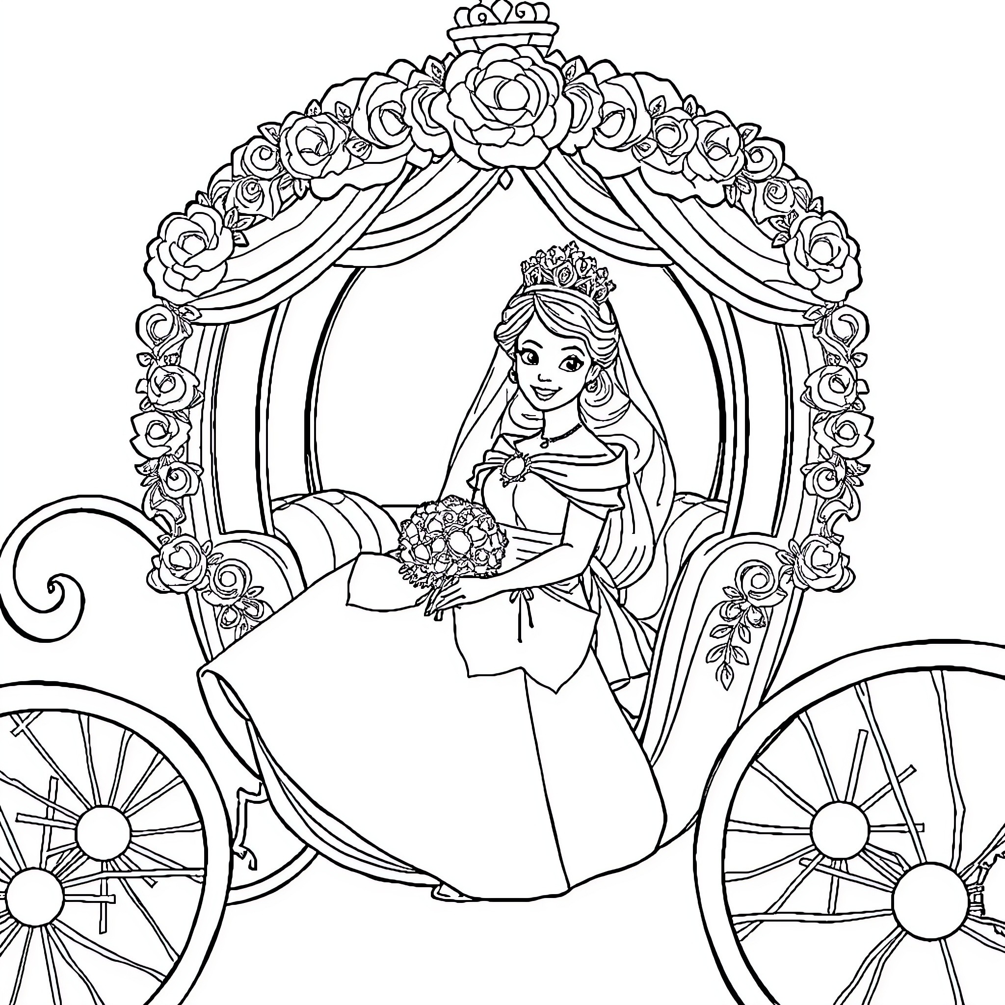 Princess in Floral Carriage Coloring Page (free black-and-white line drawing printable PDF for all, from beginners to advanced learners, including children, teens, adults, and seniors)