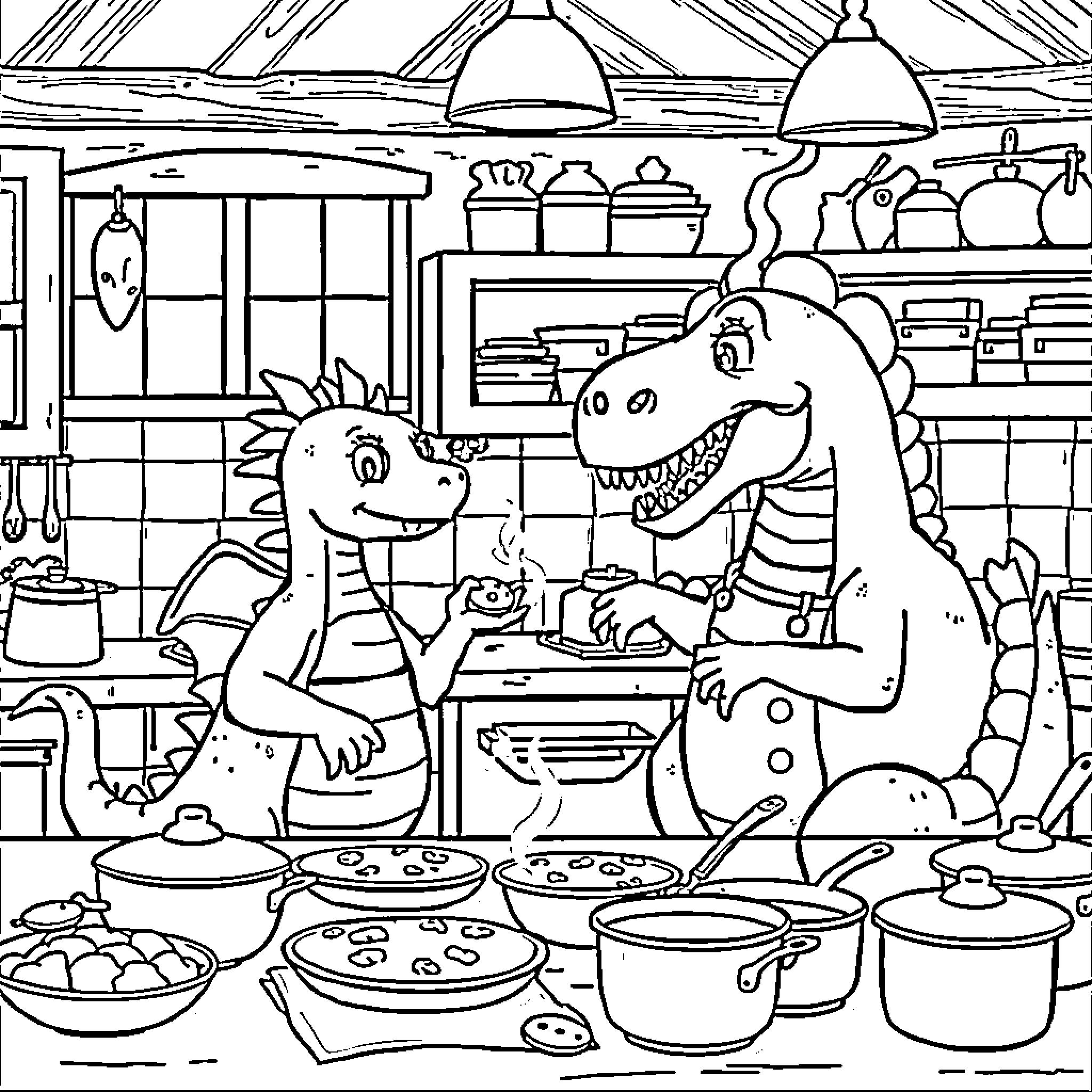 Dragon family cooking in a cozy kitchen Coloring Page (free black-and-white line drawing printable PDF for all, from beginners to advanced learners, including children, teens, adults, and seniors)
