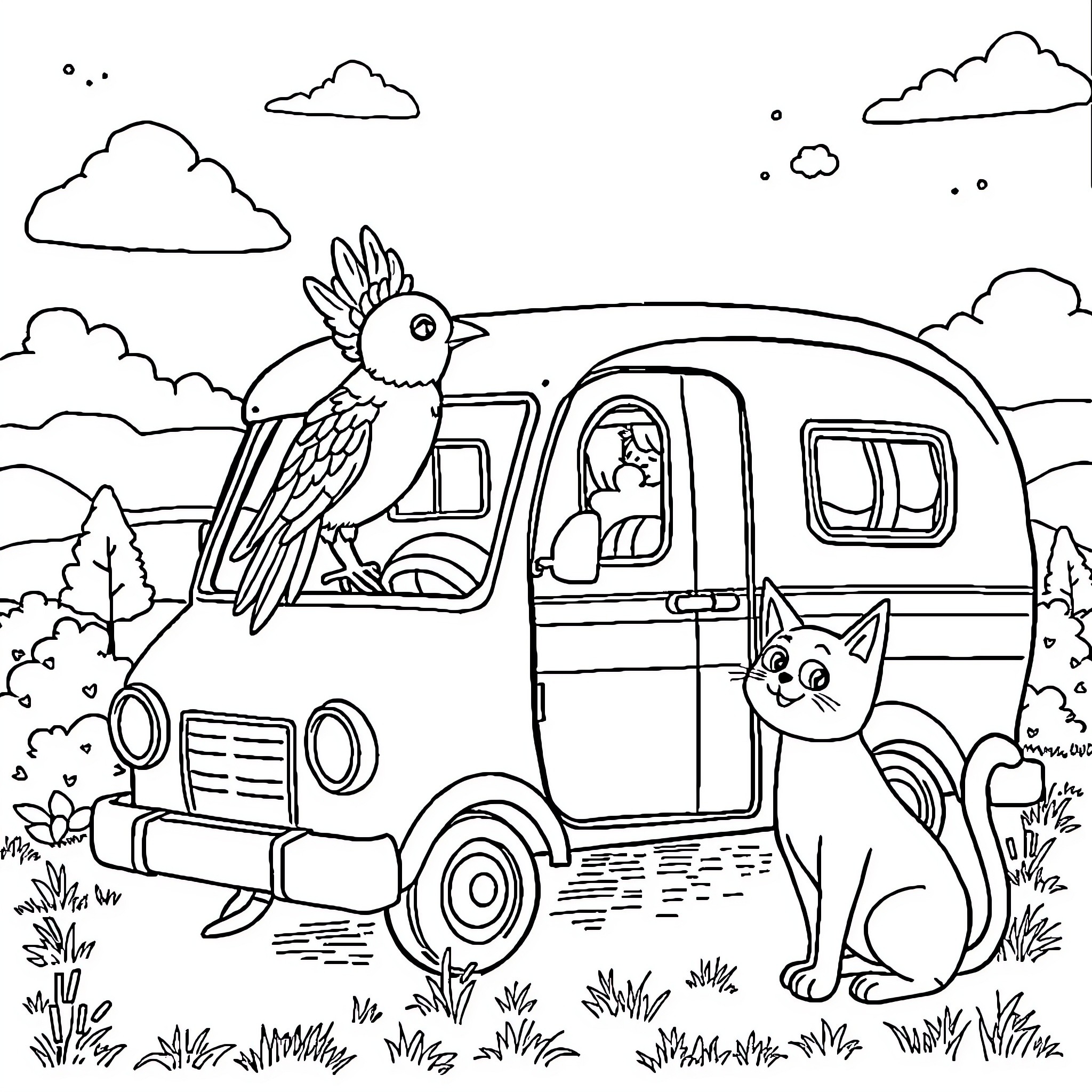 Camping Car with Curious Animals Coloring Page (free black-and-white line drawing printable PDF for all, from beginners to advanced learners, including children, teens, adults, and seniors)