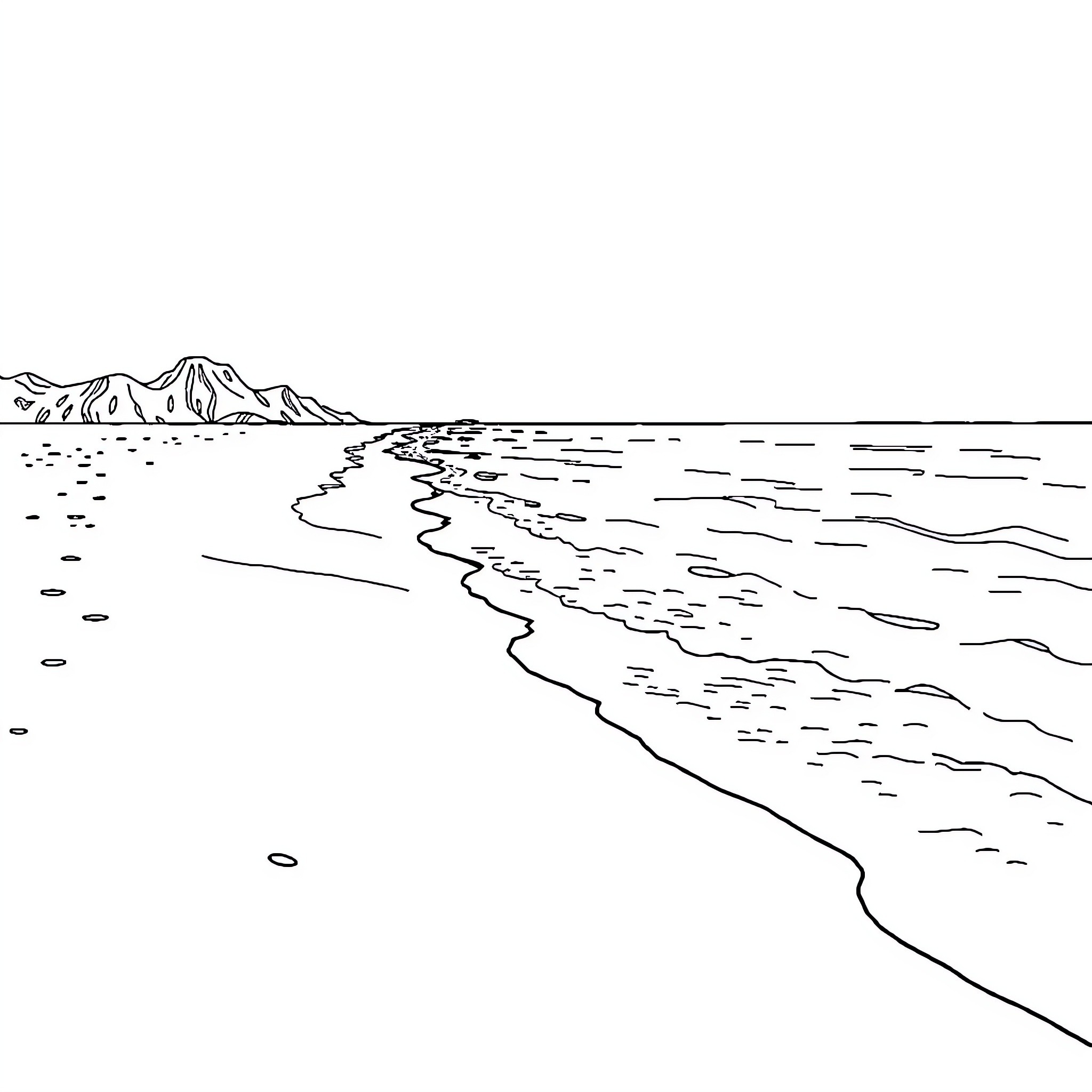 Beach scene with mountains and waves Coloring Page (free black-and-white line drawing printable PDF for all, from beginners to advanced learners, including children, teens, adults, and seniors)