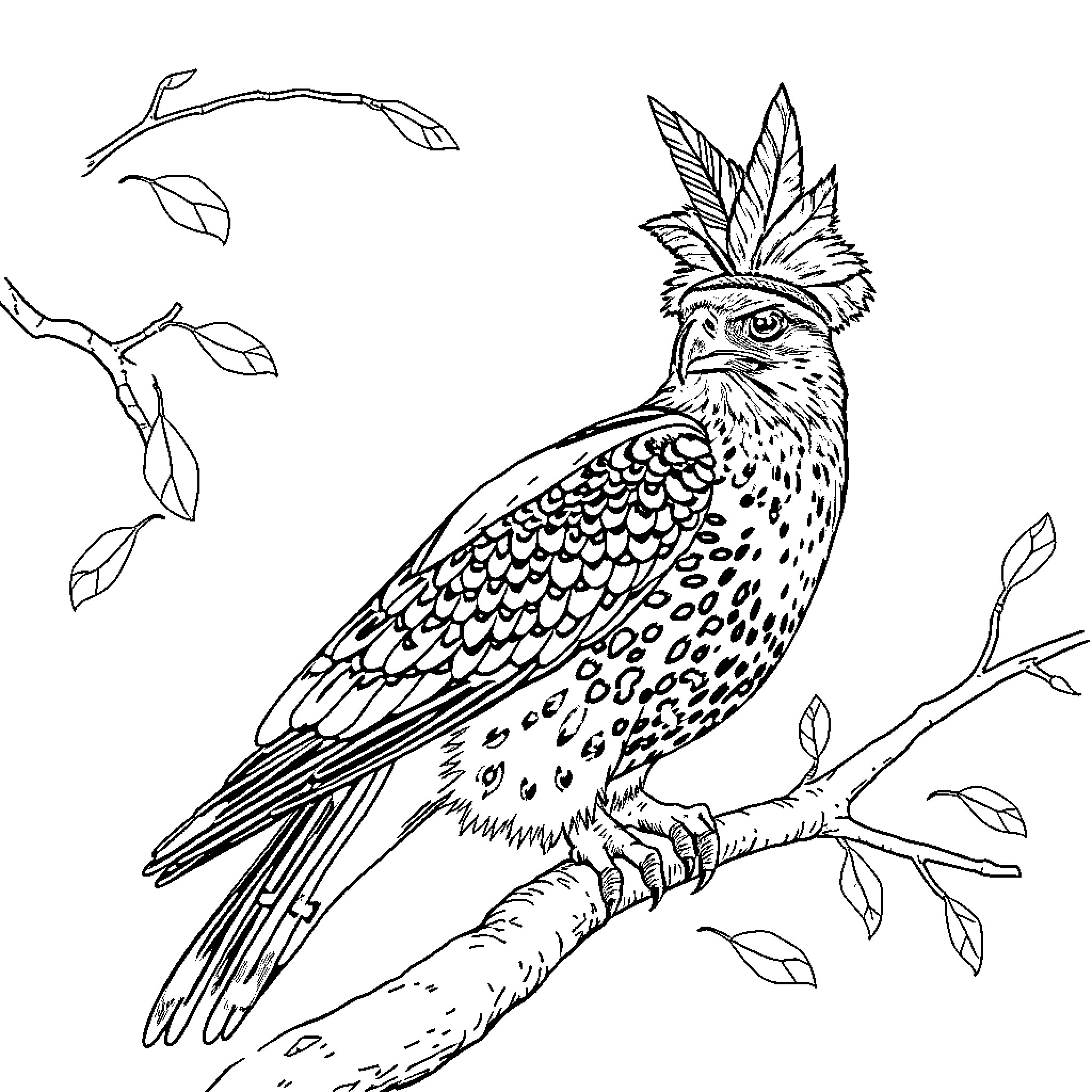 Hawk perched on branch with ornate feathers Coloring Page (free black-and-white line drawing printable PDF for all, from beginners to advanced learners, including children, teens, adults, and seniors)